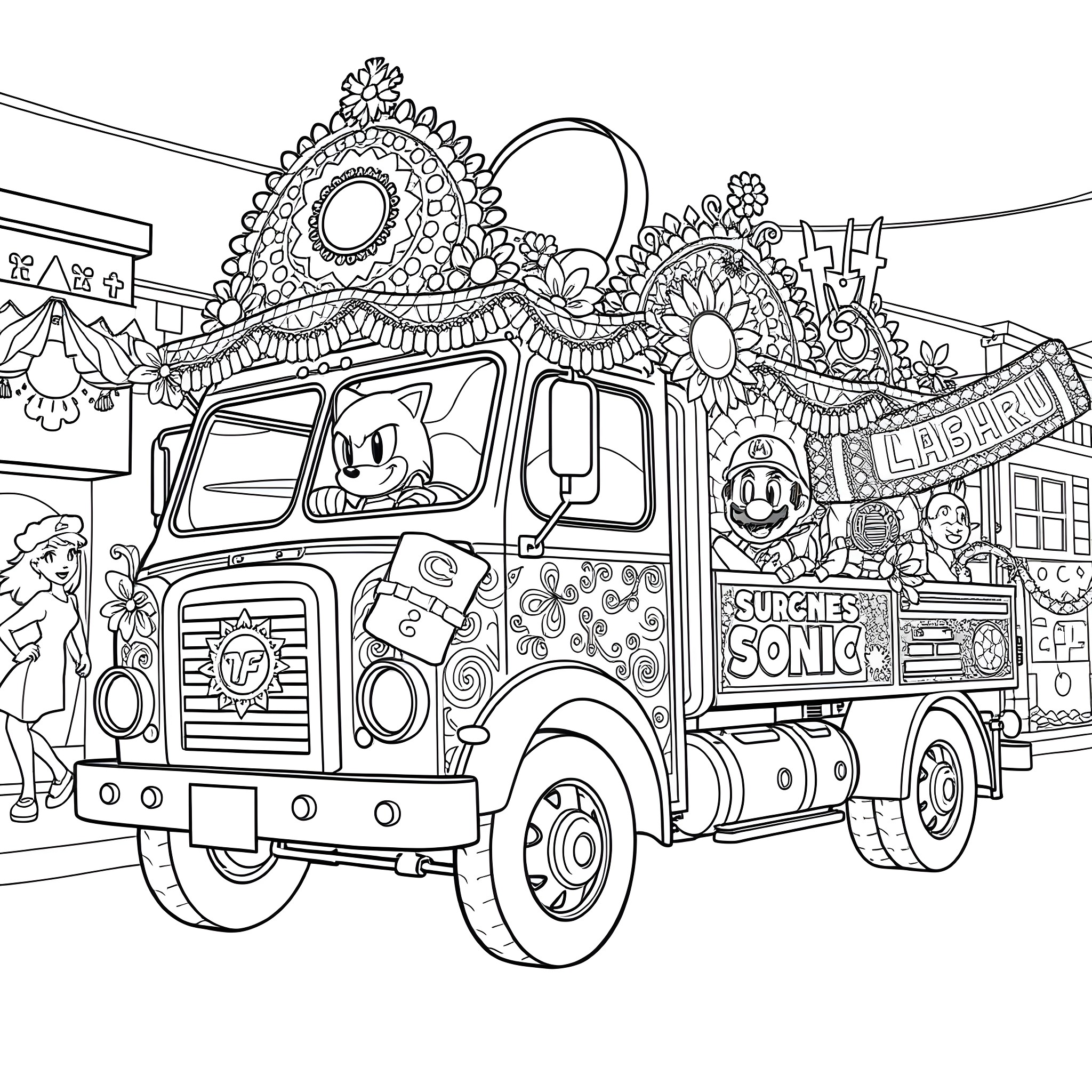 Truck with colorful carnival decorations and characters Coloring Page (free black-and-white line drawing printable PDF for all, from beginners to advanced learners, including children, teens, adults, and seniors)