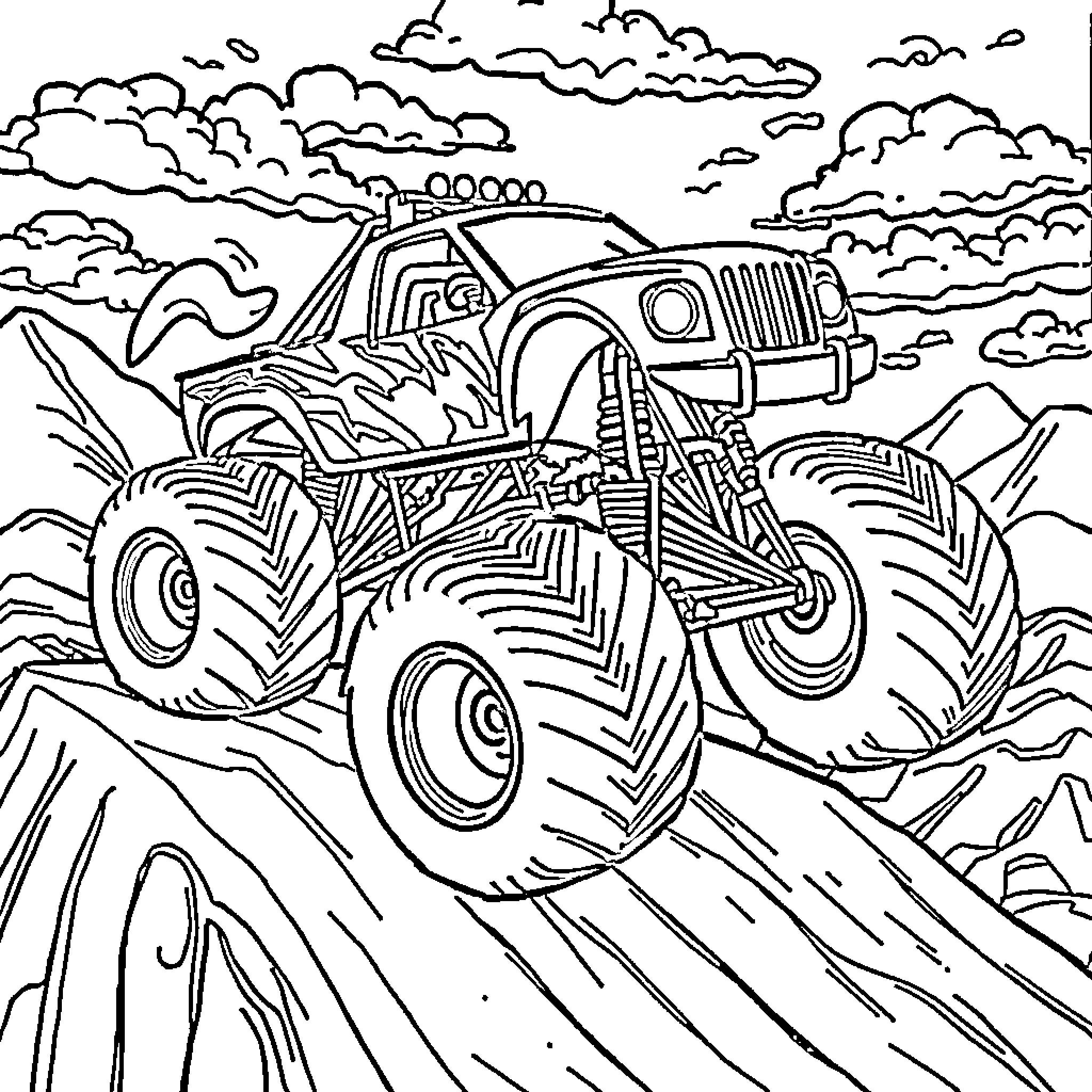 Truck tackling rugged terrain in the wilderness Coloring Page (free black-and-white line drawing printable PDF for all, from beginners to advanced learners, including children, teens, adults, and seniors)