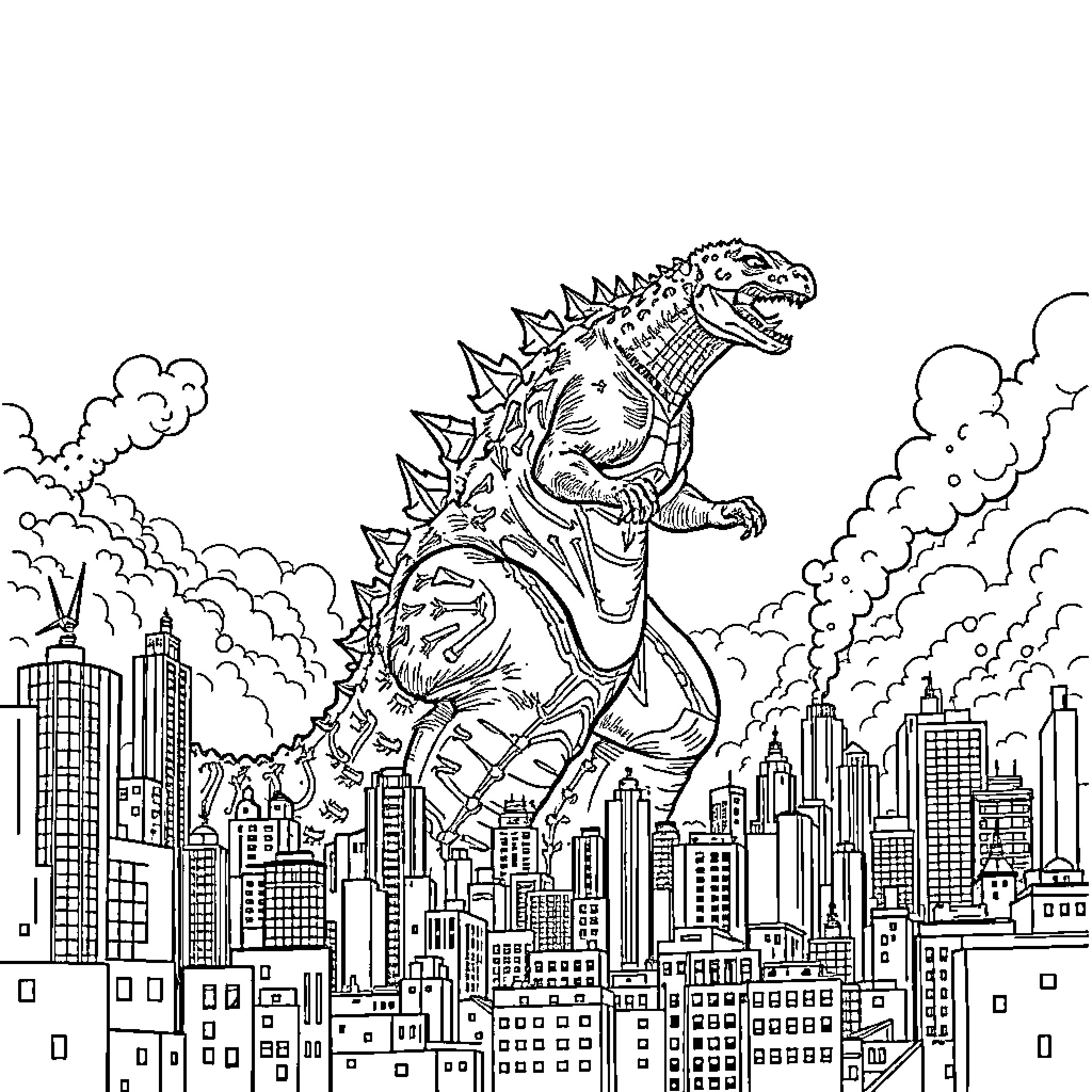 Godzilla rampaging through the city skyline Coloring Page (free black-and-white line drawing printable PDF for all, from beginners to advanced learners, including children, teens, adults, and seniors)
