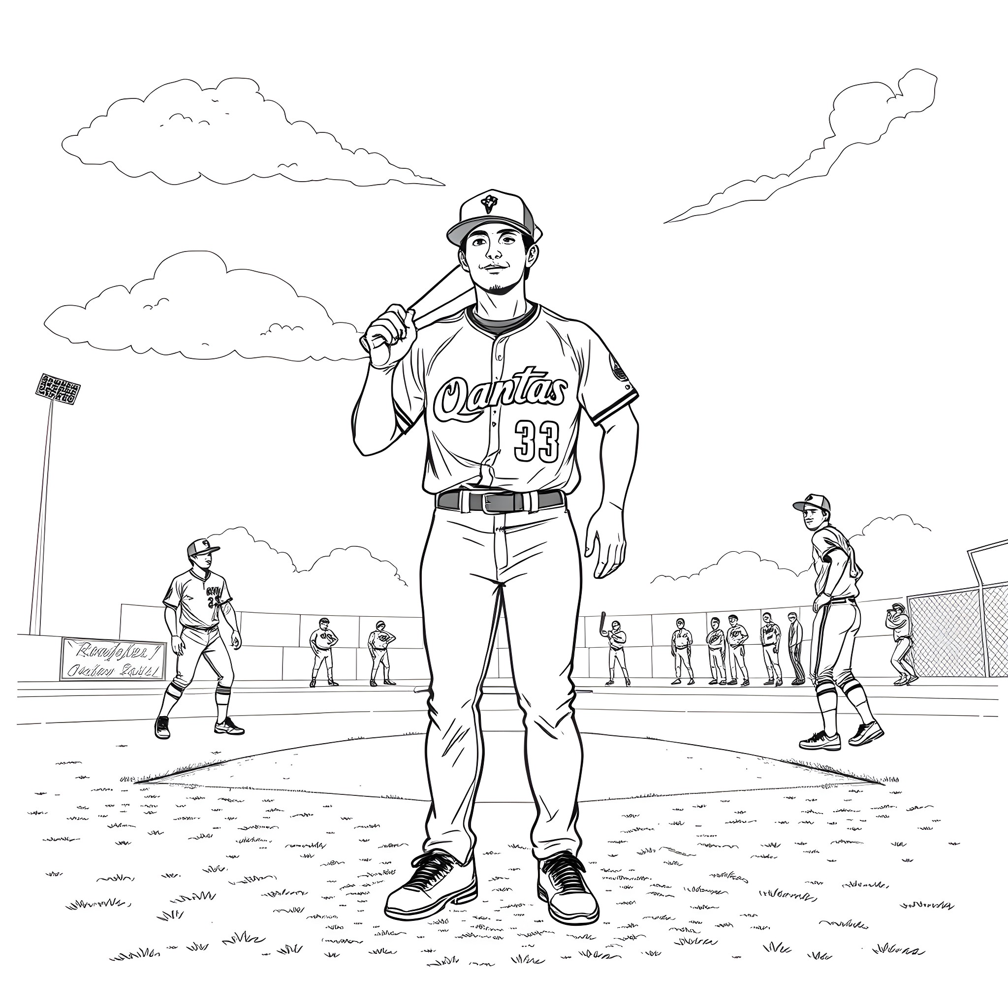MS13 Member Standing Proudly on Baseball Field Coloring Page (free black-and-white line drawing printable PDF for all, from beginners to advanced learners, including children, teens, adults, and seniors)