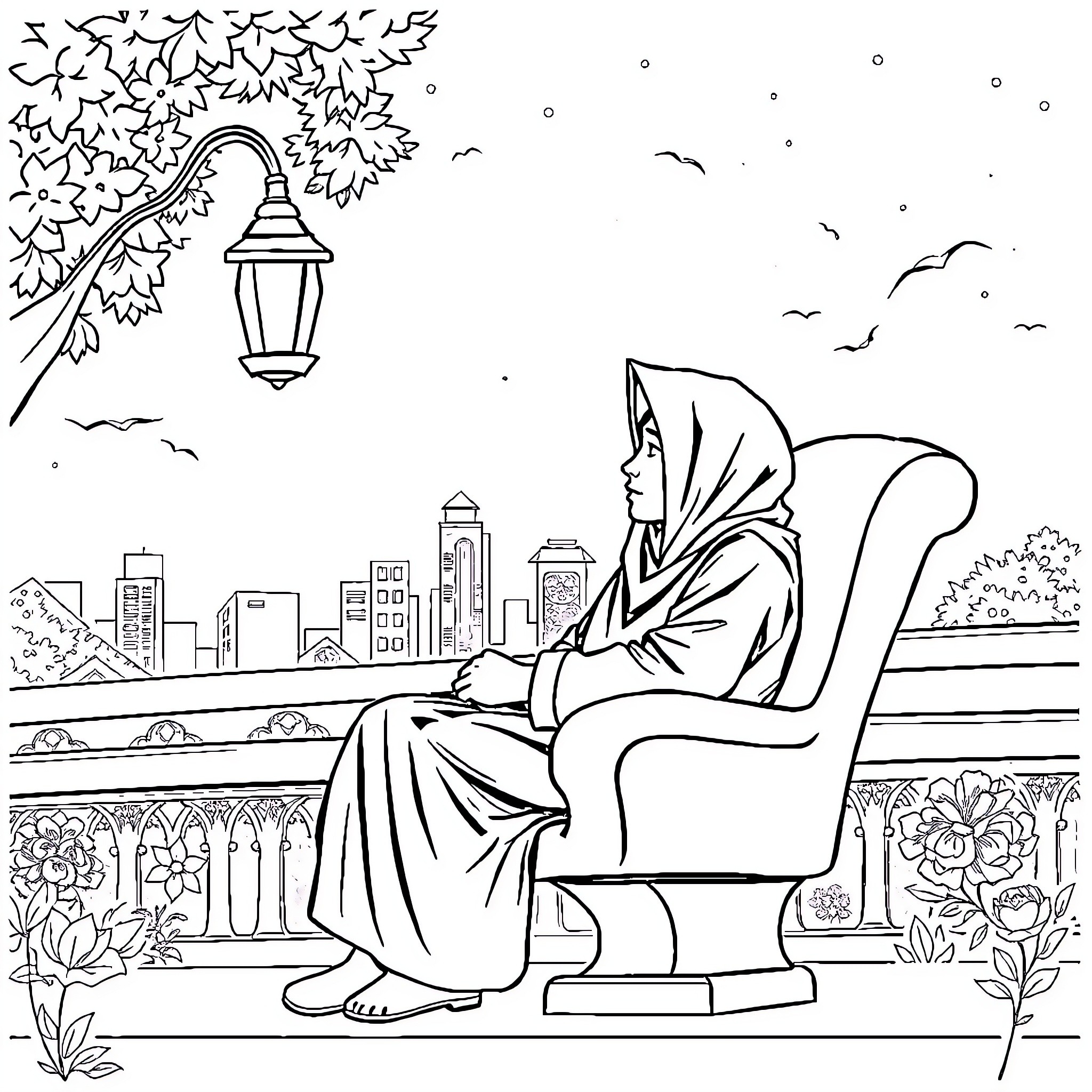 Pemuda sitting peacefully in the city park Coloring Page (free black-and-white line drawing printable PDF for all, from beginners to advanced learners, including children, teens, adults, and seniors)