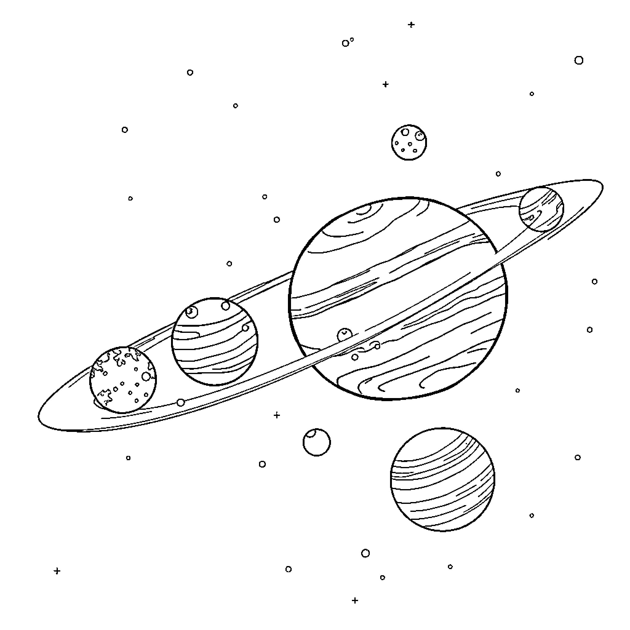 Planet Orbiting Celestial Spheres in Cosmic Space Coloring Page (free black-and-white line drawing printable PDF for all, from beginners to advanced learners, including children, teens, adults, and seniors)