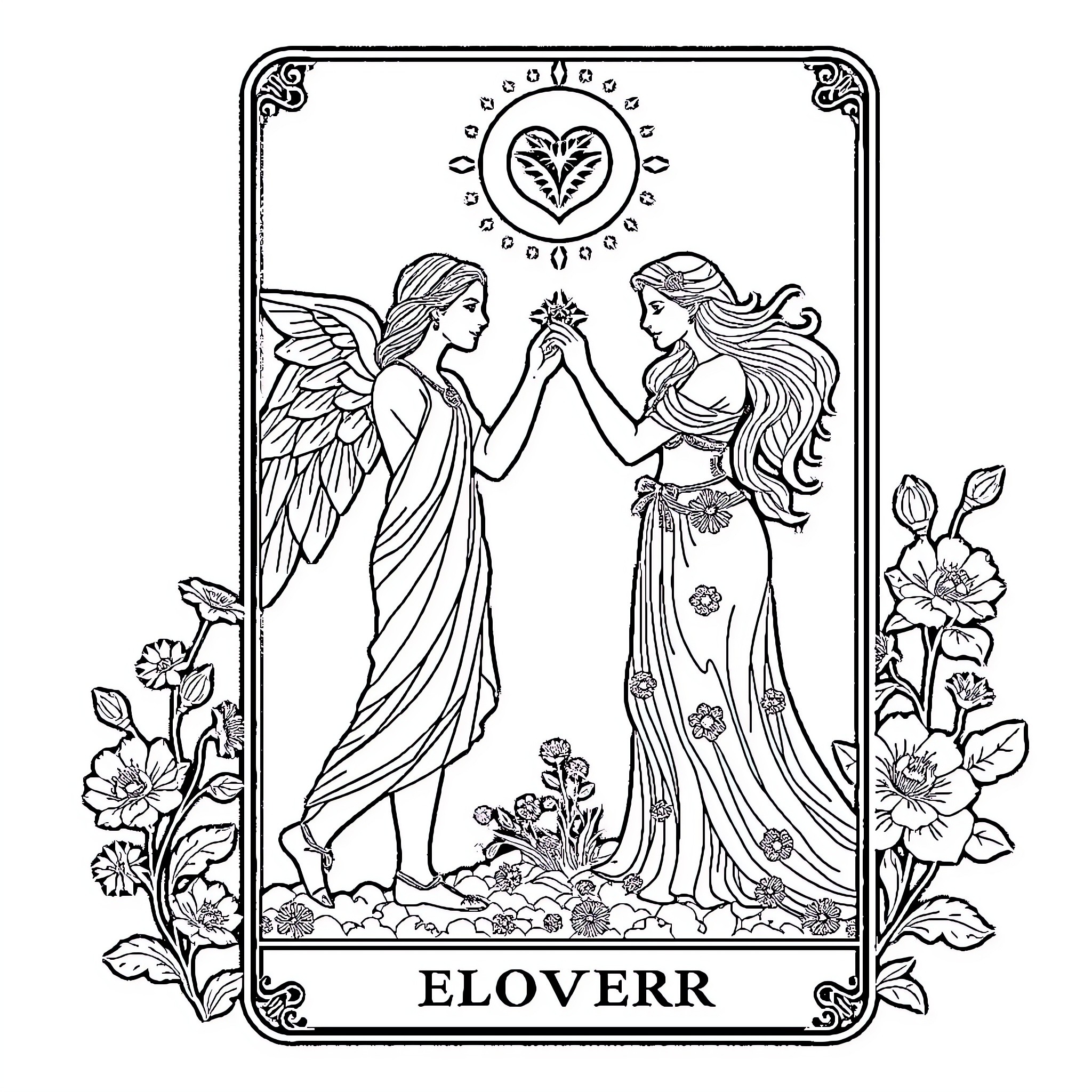 Lovers embrace in a floral scene Coloring Page (free black-and-white line drawing printable PDF for all, from beginners to advanced learners, including children, teens, adults, and seniors)