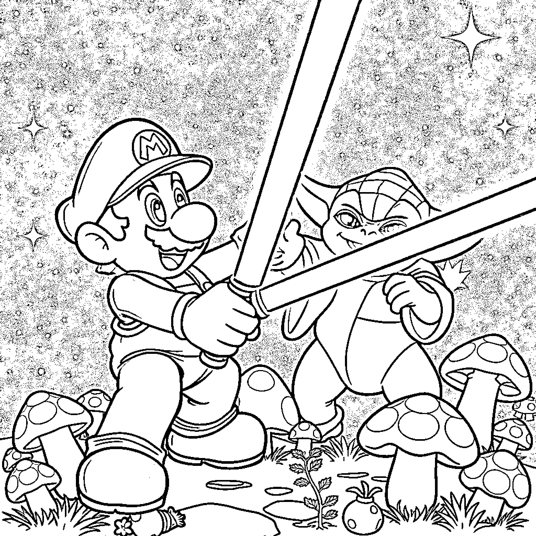 Mario Adventuring with Friendly Creatures in Enchanted Forest Coloring Page (free black-and-white line drawing printable PDF for all, from beginners to advanced learners, including children, teens, adults, and seniors)