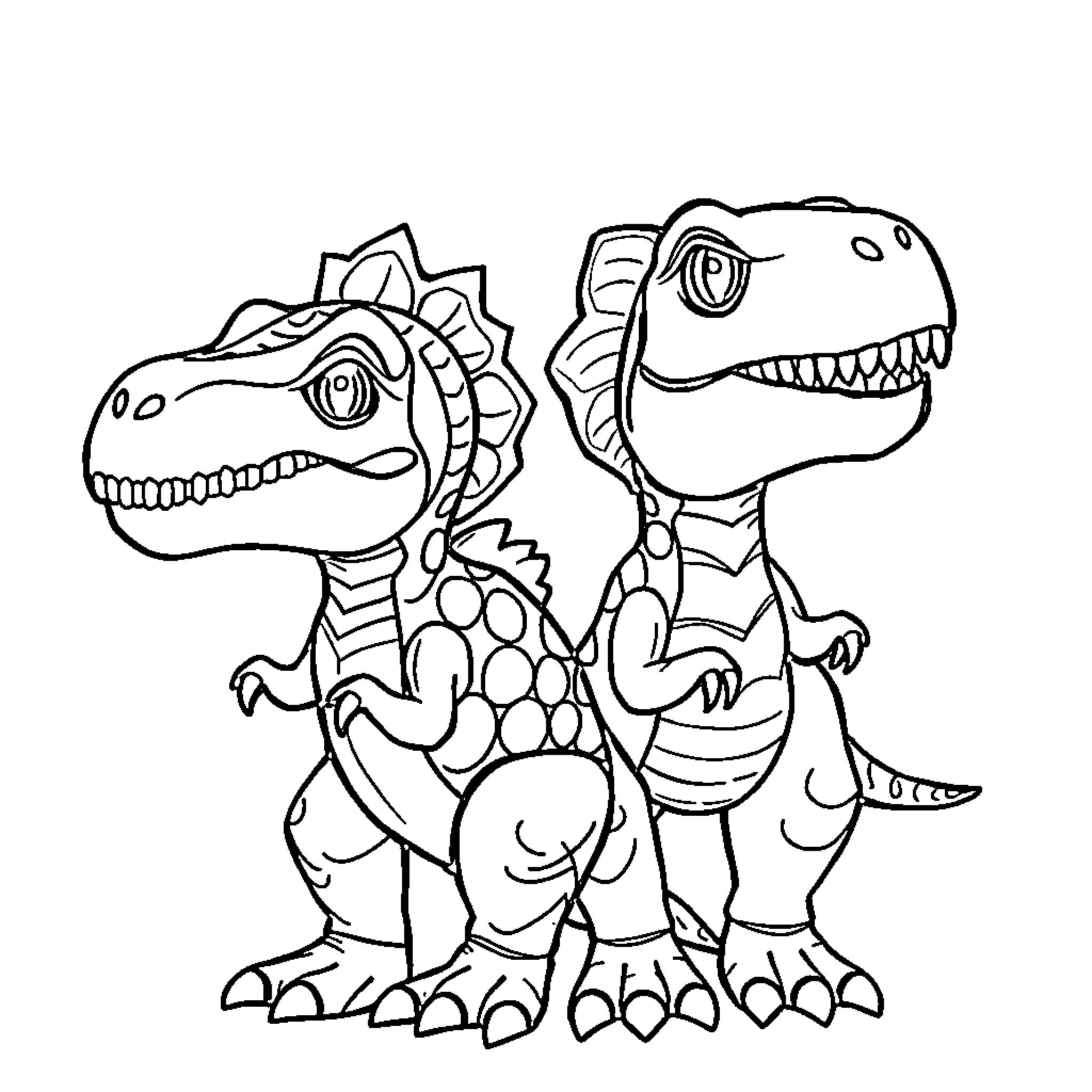 Dinosaurs playing together happily Coloring Page (free black-and-white line drawing printable PDF for all, from beginners to advanced learners, including children, teens, adults, and seniors)