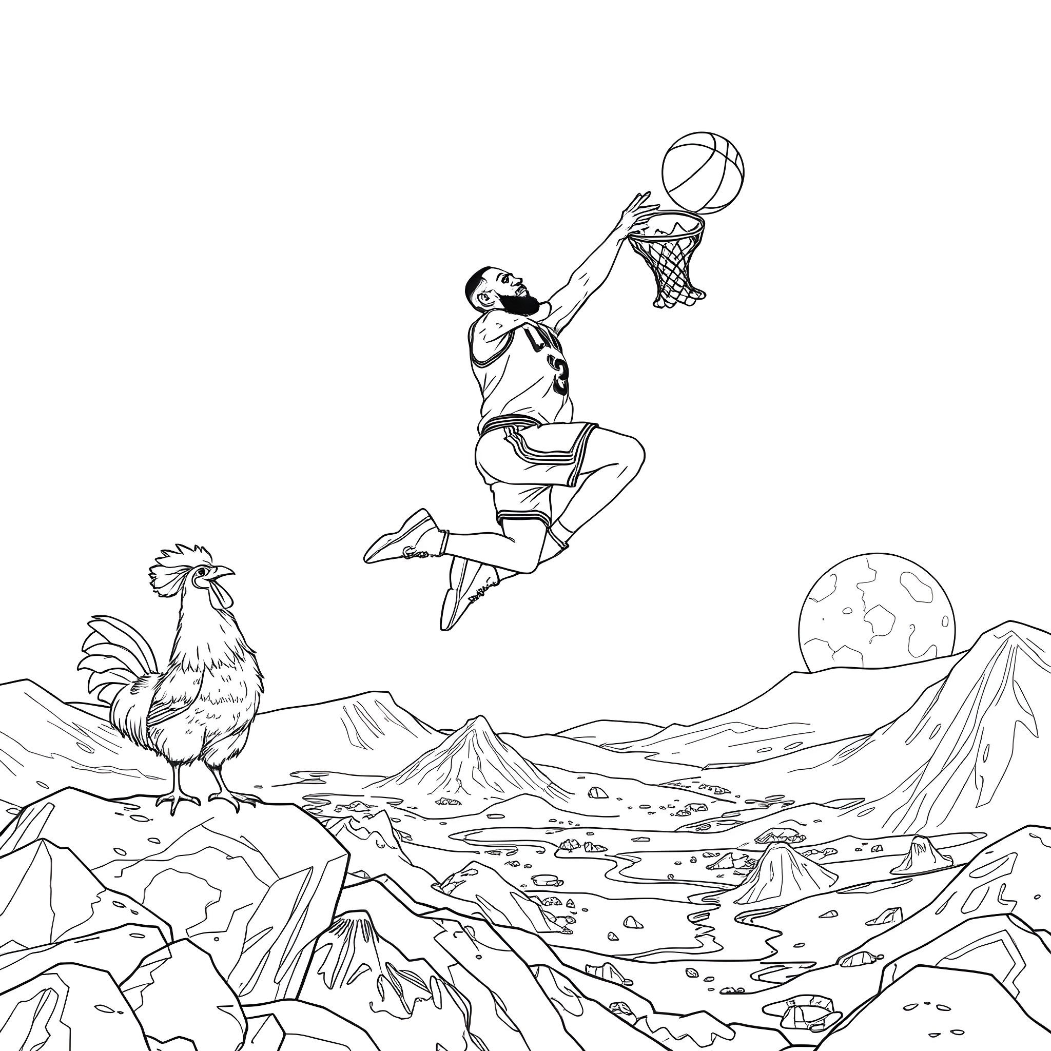 LeBron playing basketball on an alien planet Coloring Page (free black-and-white line drawing printable PDF for all, from beginners to advanced learners, including children, teens, adults, and seniors)