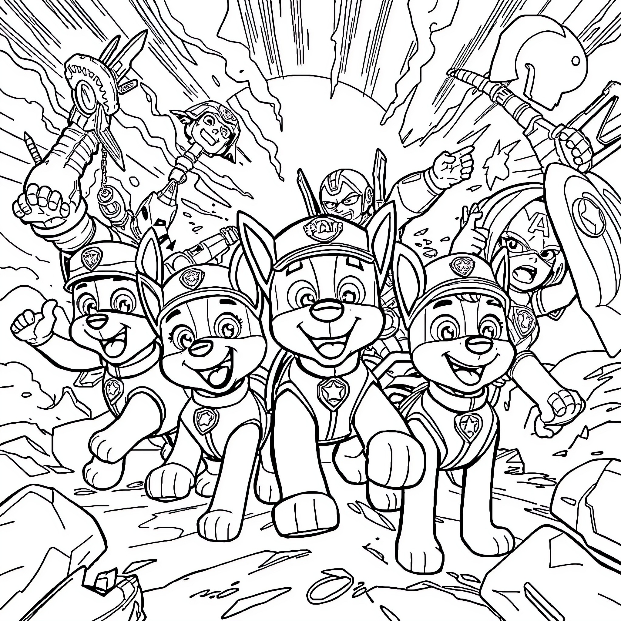 Paw Patrol Heroic Action Packed Adventure Coloring Page (free black-and-white line drawing printable PDF for all, from beginners to advanced learners, including children, teens, adults, and seniors)