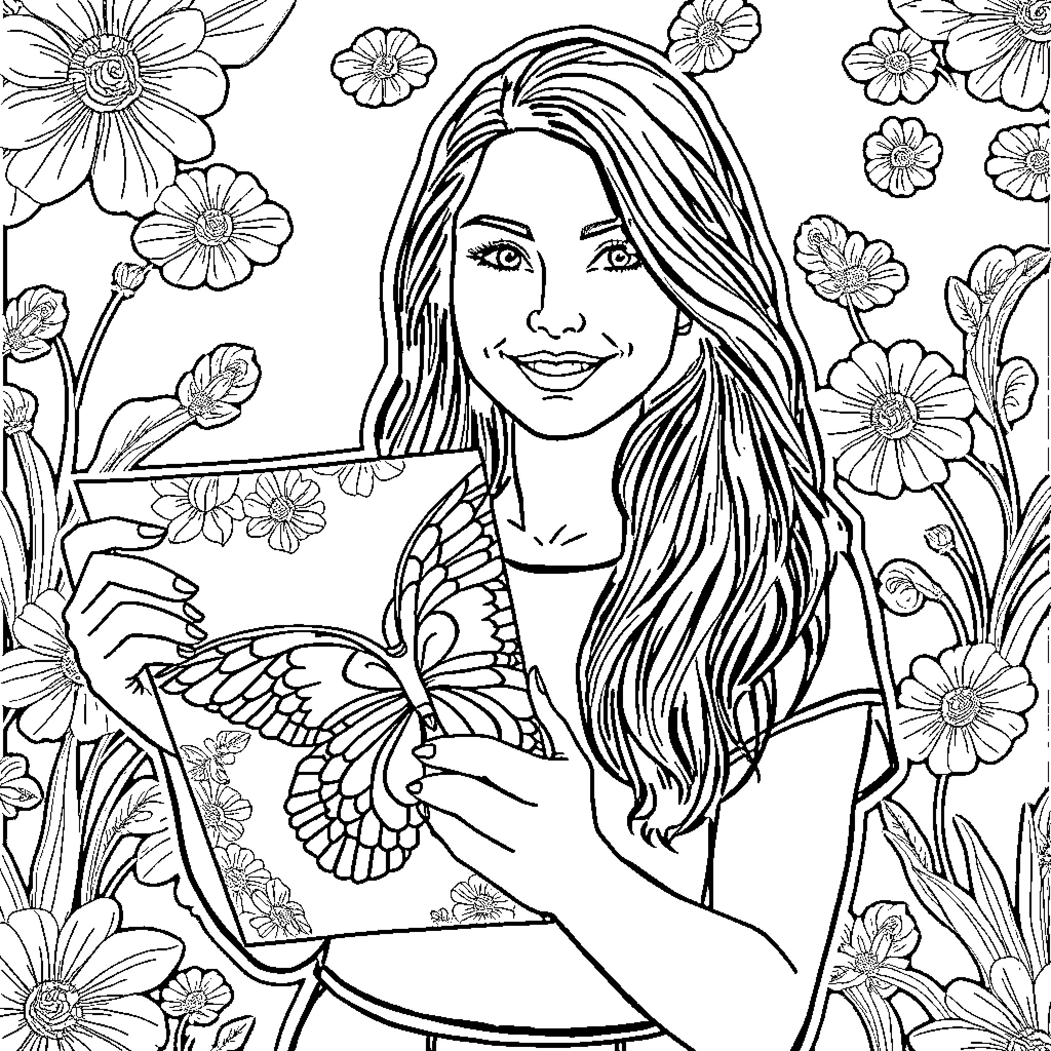 Daniela Advanzi's Serene Floral Embrace Coloring Page (free black-and-white line drawing printable PDF for all, from beginners to advanced learners, including children, teens, adults, and seniors)