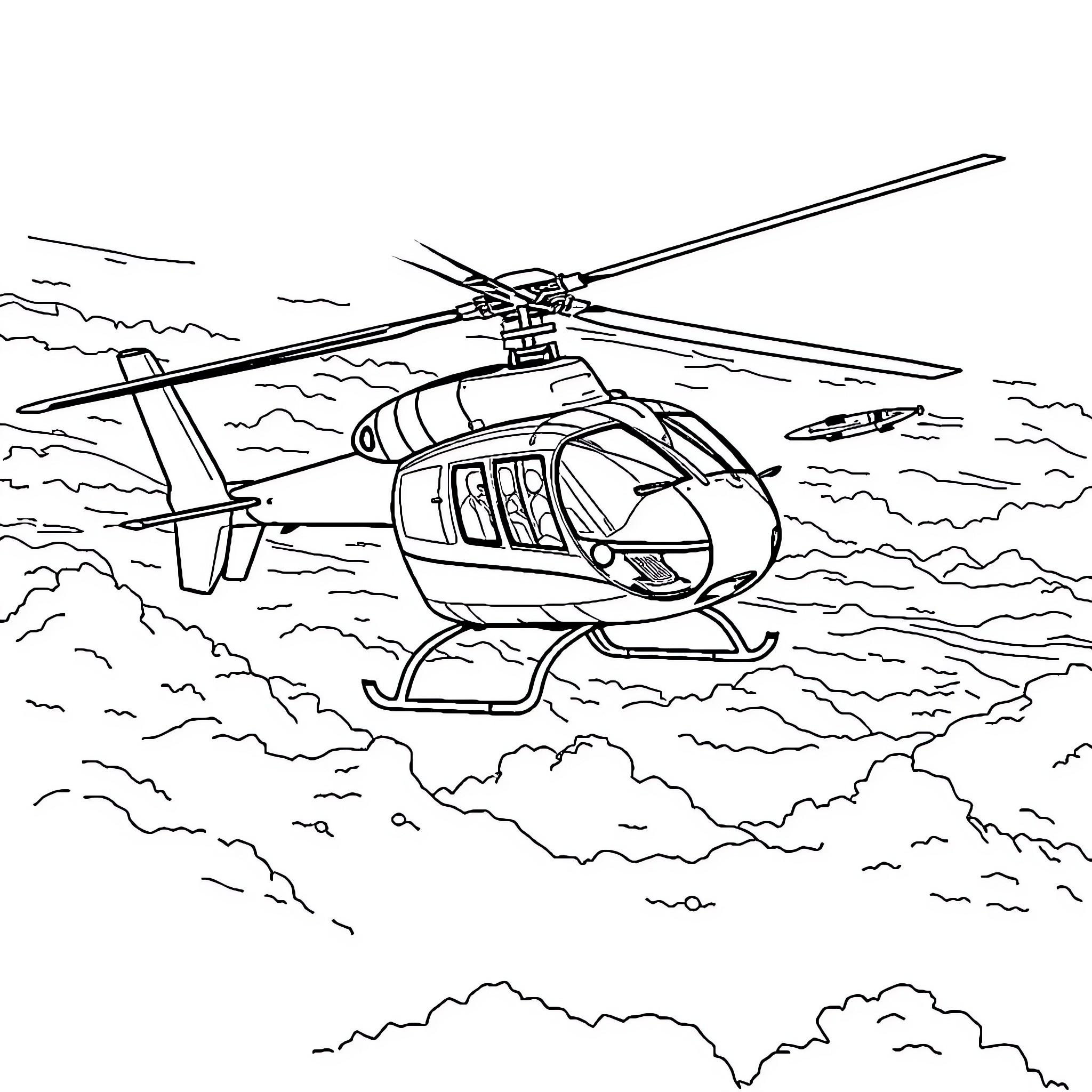 Cougar helicopter soaring through the cloudy sky Coloring Page (free black-and-white line drawing printable PDF for all, from beginners to advanced learners, including children, teens, adults, and seniors)