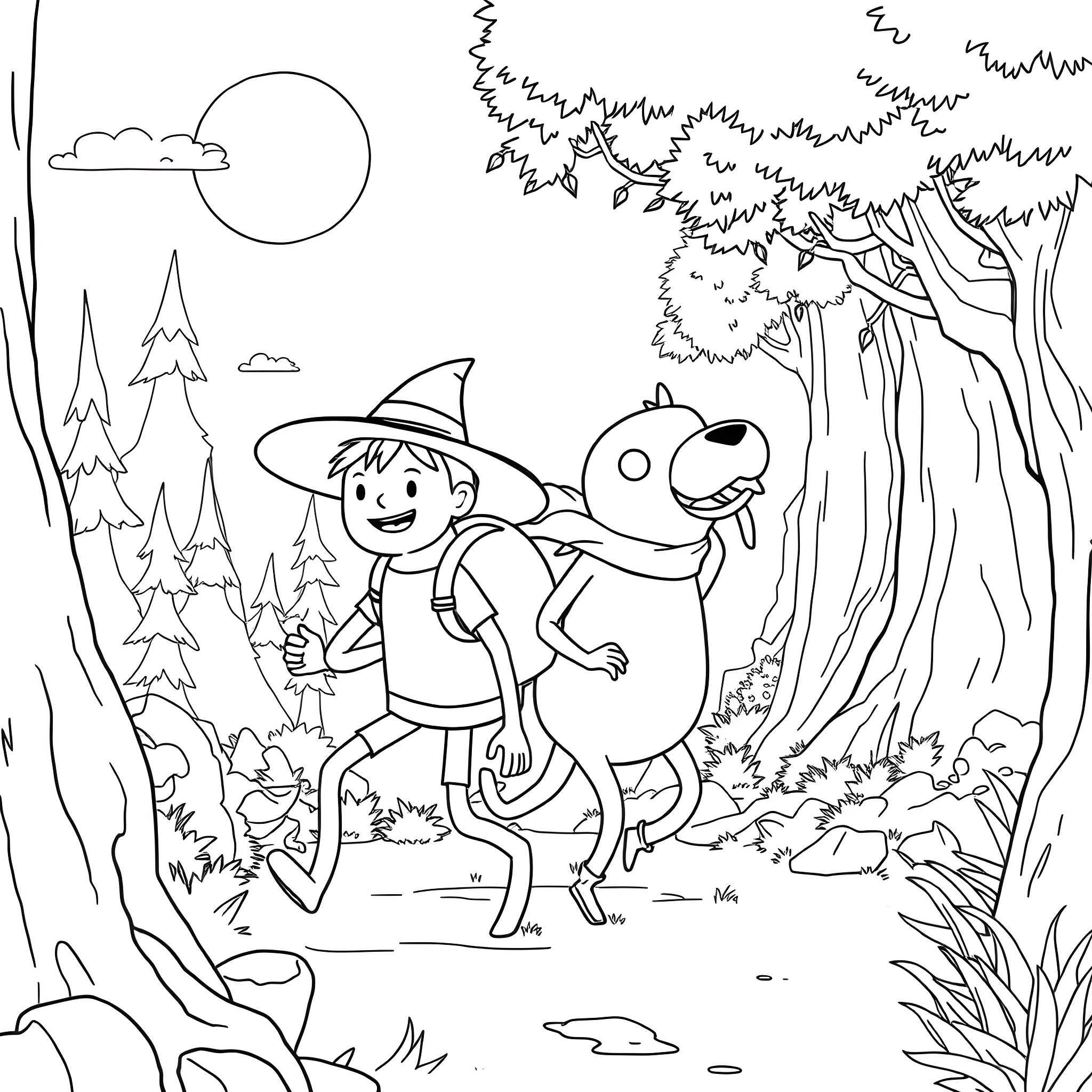 Finn's Woodland Adventure with Trusty Companion Coloring Page (free black-and-white line drawing printable PDF for all, from beginners to advanced learners, including children, teens, adults, and seniors)