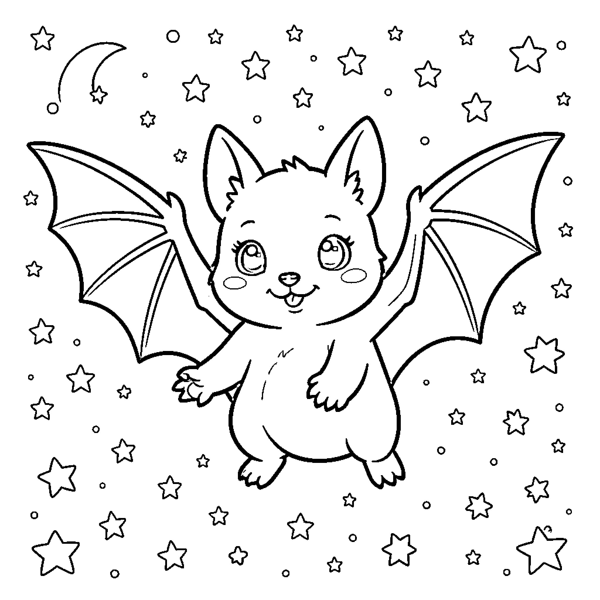 Bat flying among twinkling stars Coloring Page (free black-and-white line drawing printable PDF for all, from beginners to advanced learners, including children, teens, adults, and seniors)