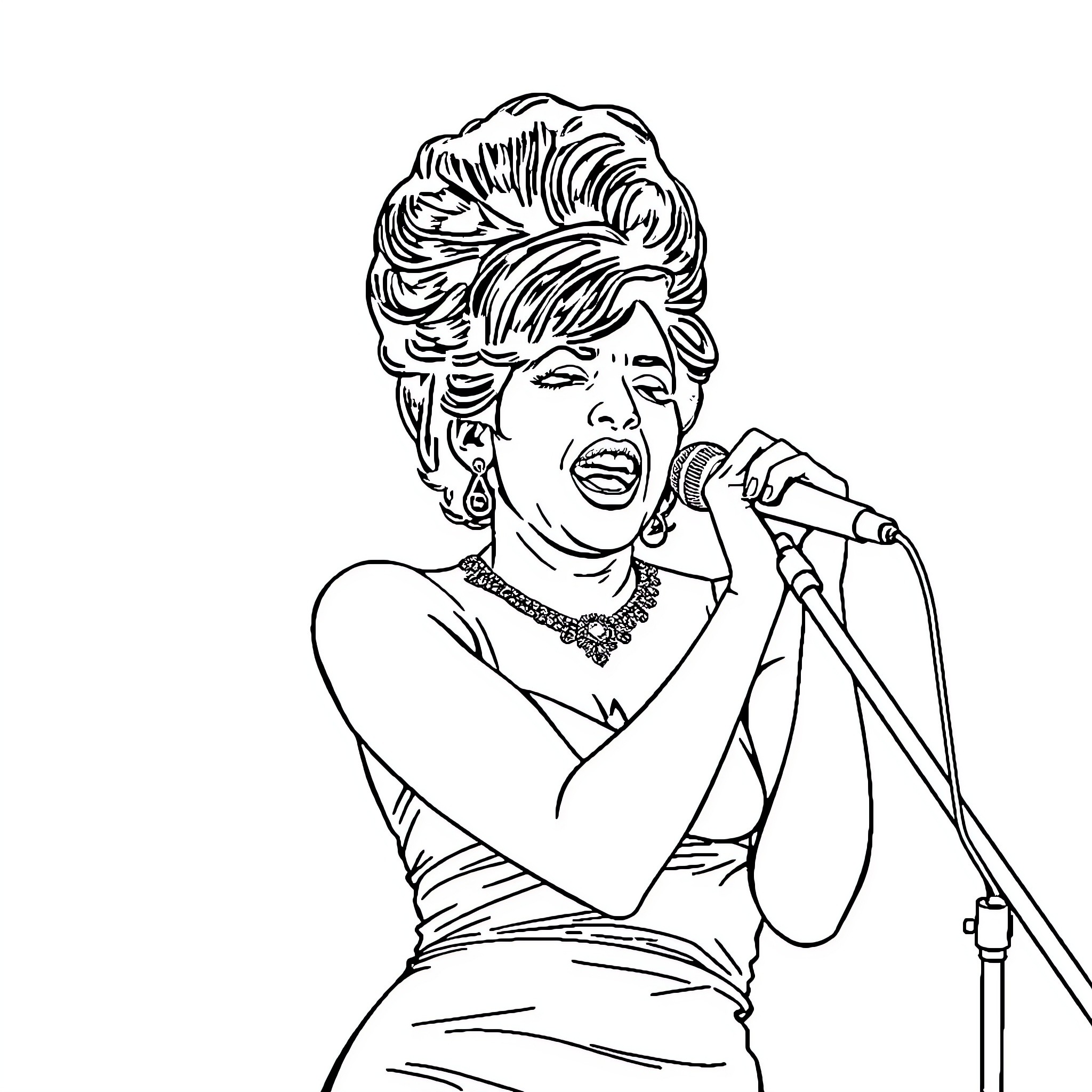 Amy Winehouse performing on stage with microphone Coloring Page (free black-and-white line drawing printable PDF for all, from beginners to advanced learners, including children, teens, adults, and seniors)