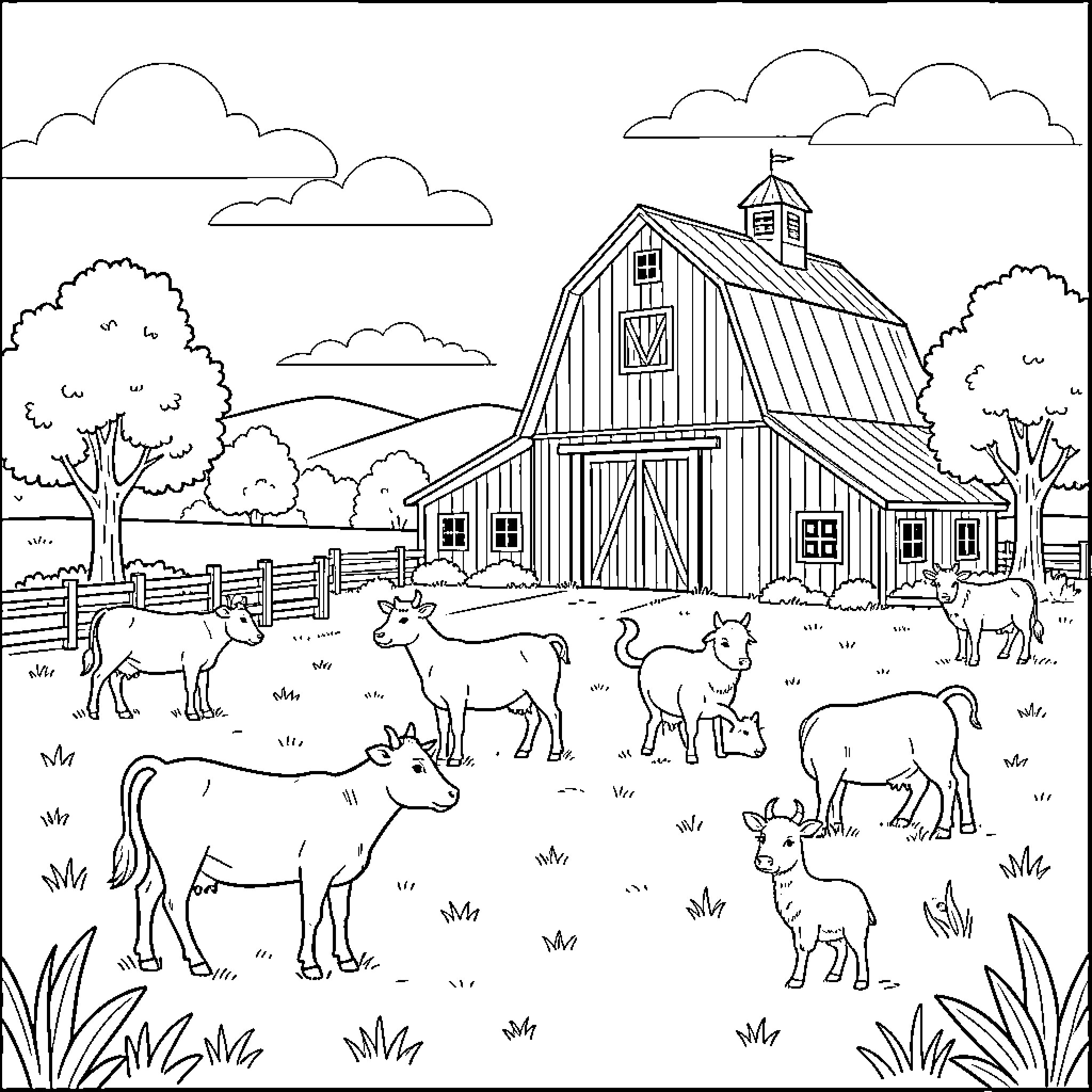 Granja con vacas pastando en el campo Coloring Page (free black-and-white line drawing printable PDF for all, from beginners to advanced learners, including children, teens, adults, and seniors)
