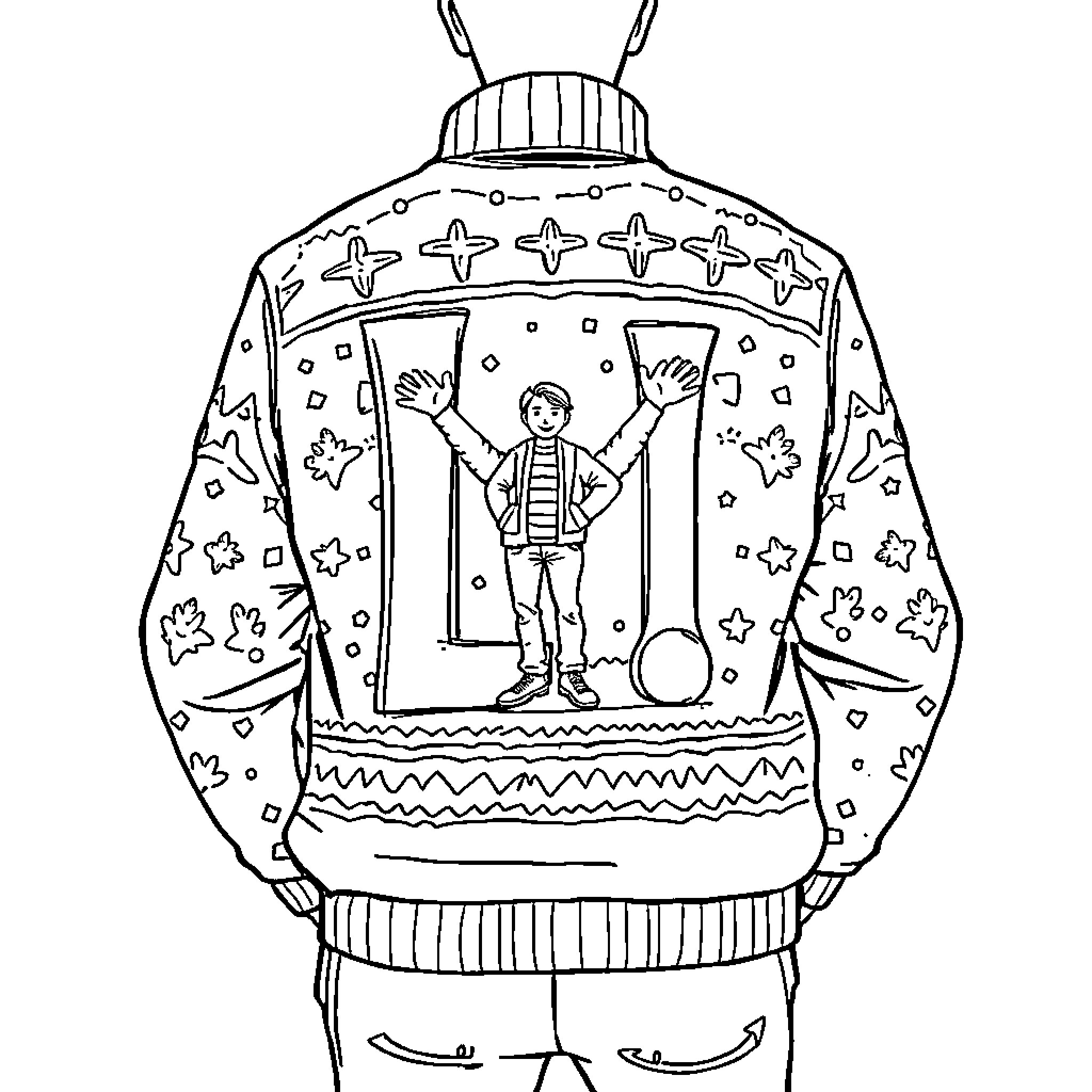 Sweater with festive holiday designs Coloring Page (free black-and-white line drawing printable PDF for all, from beginners to advanced learners, including children, teens, adults, and seniors)