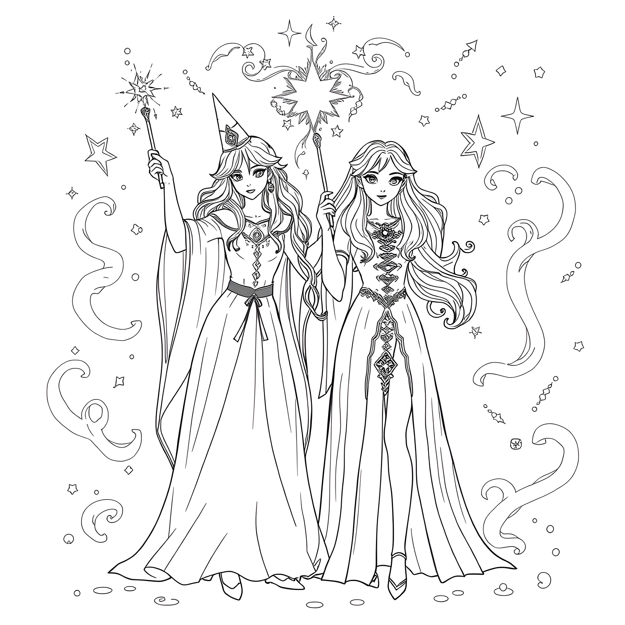 Galinda's Enchanting Adventure Coloring Page (free black-and-white line drawing printable PDF for all, from beginners to advanced learners, including children, teens, adults, and seniors)