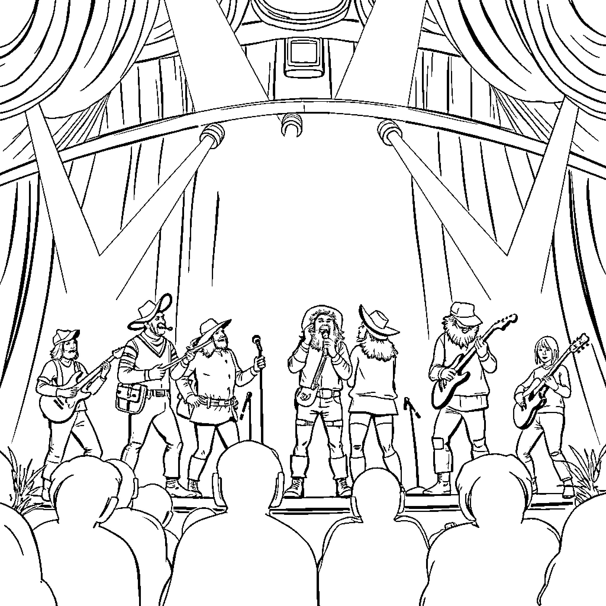 Hunter performs with band on stage Coloring Page (free black-and-white line drawing printable PDF for all, from beginners to advanced learners, including children, teens, adults, and seniors)