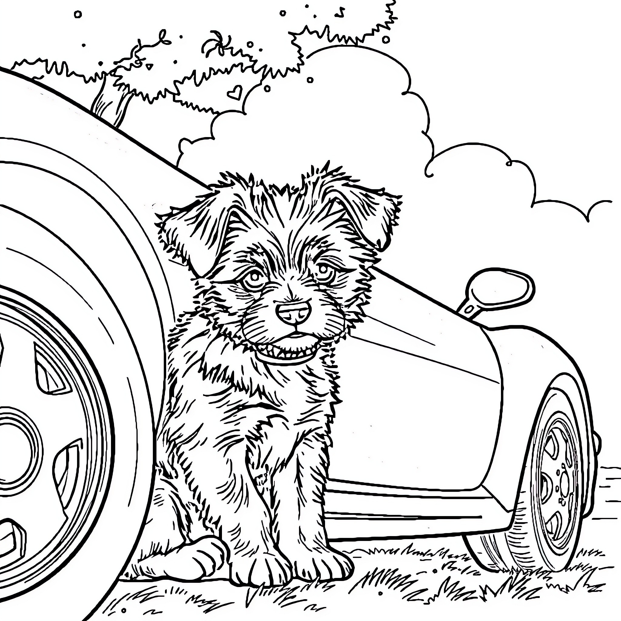 Dog exploring a car on the road Coloring Page (free black-and-white line drawing printable PDF for all, from beginners to advanced learners, including children, teens, adults, and seniors)