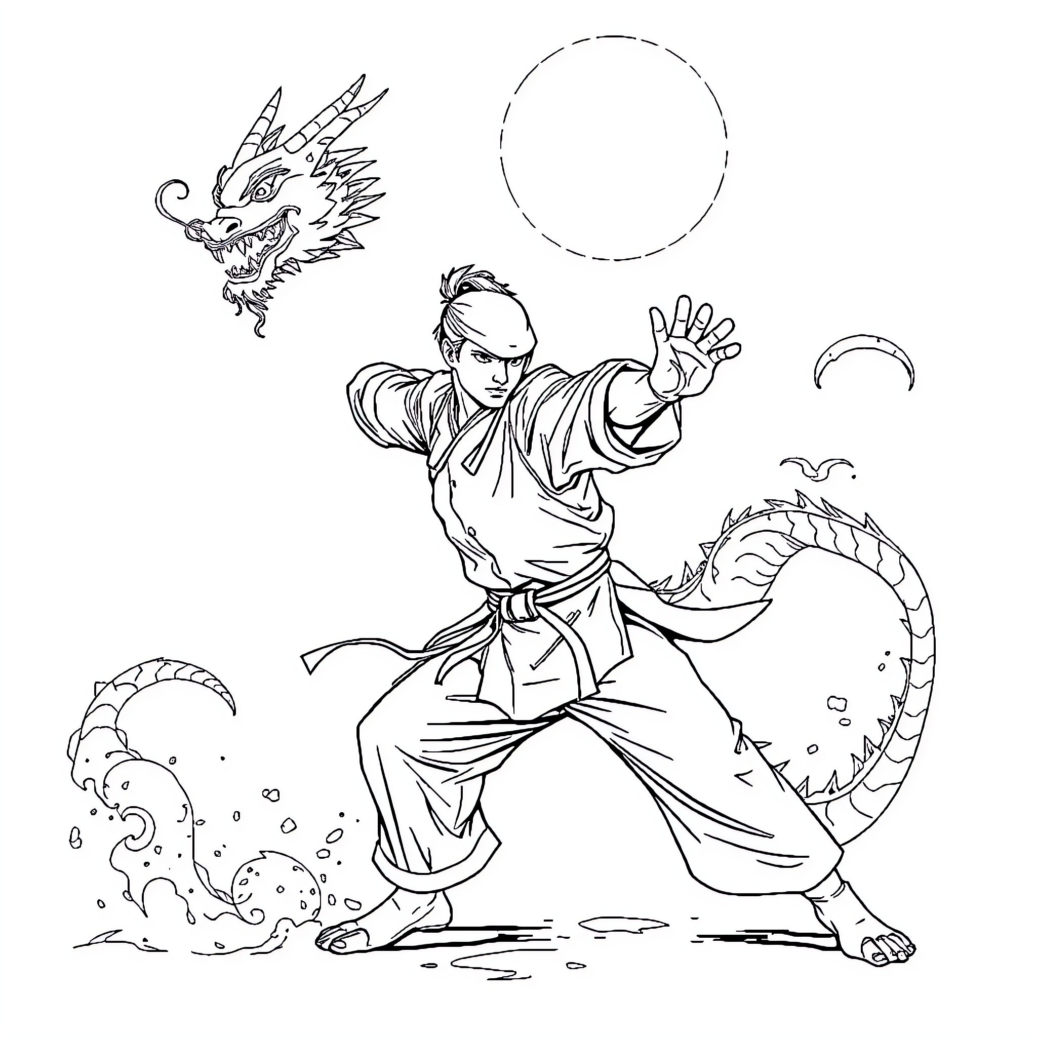 Dragon-wielding warrior in action-packed scene Coloring Page (free black-and-white line drawing printable PDF for all, from beginners to advanced learners, including children, teens, adults, and seniors)