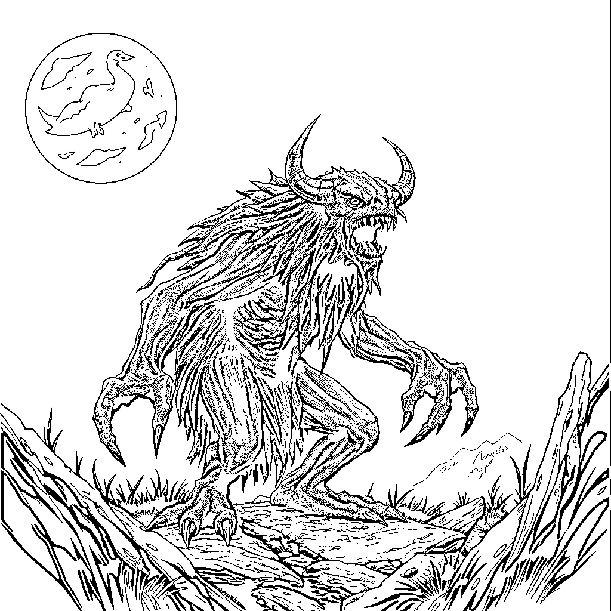 Cryptid creature with horns and claws stalking through the wilderness Coloring Page (free black-and-white line drawing printable PDF for all, from beginners to advanced learners, including children, teens, adults, and seniors)