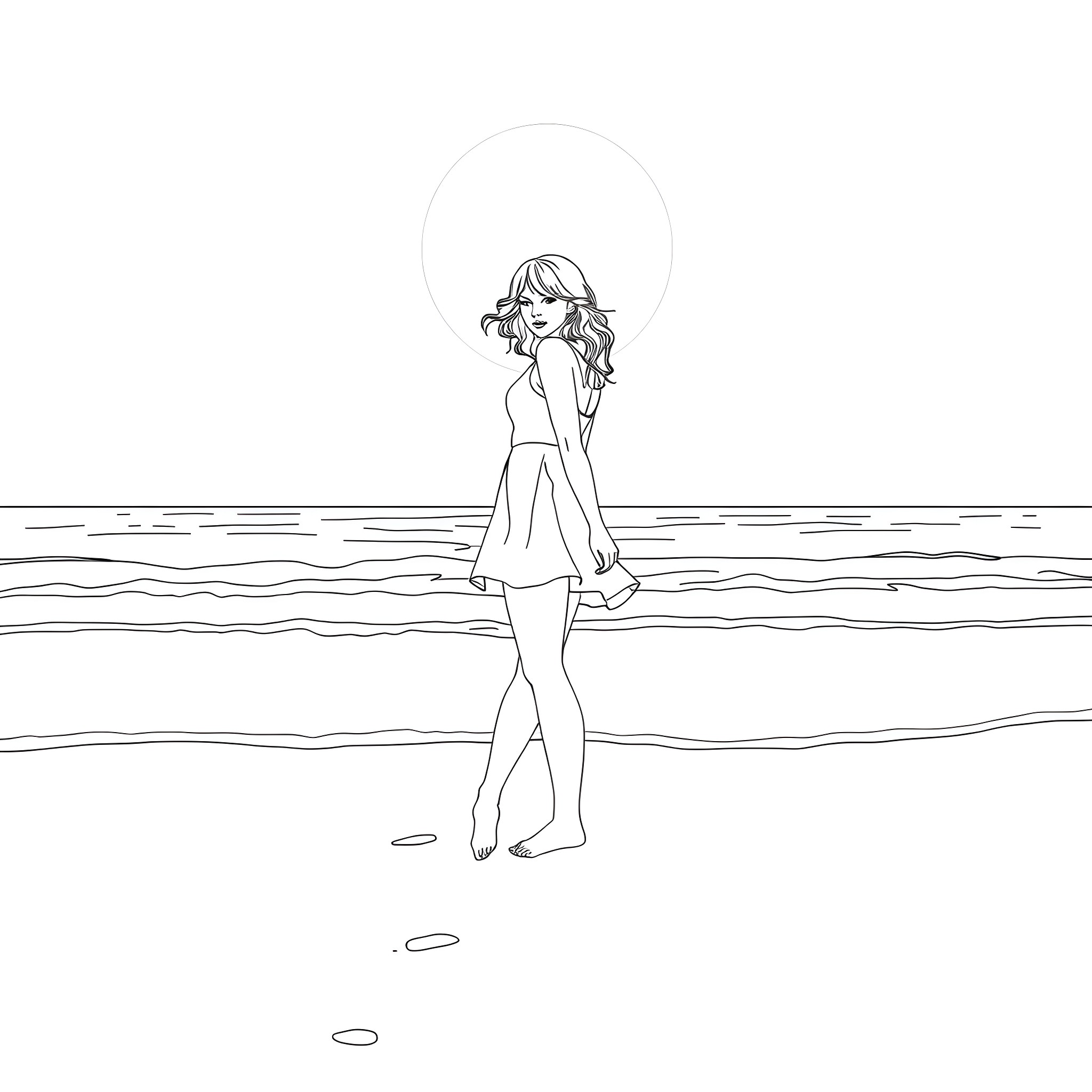 Taylor Swift relaxing by the beach Coloring Page (free black-and-white line drawing printable PDF for all, from beginners to advanced learners, including children, teens, adults, and seniors)