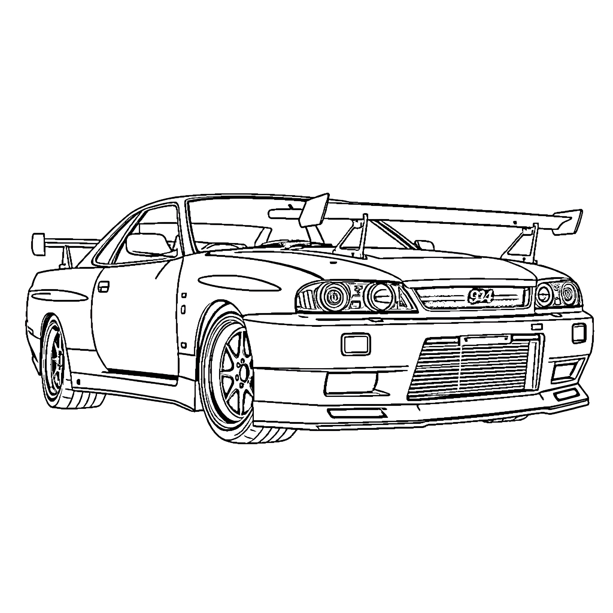 R34 GTR racing with high-performance modifications Coloring Page (free black-and-white line drawing printable PDF for all, from beginners to advanced learners, including children, teens, adults, and seniors)