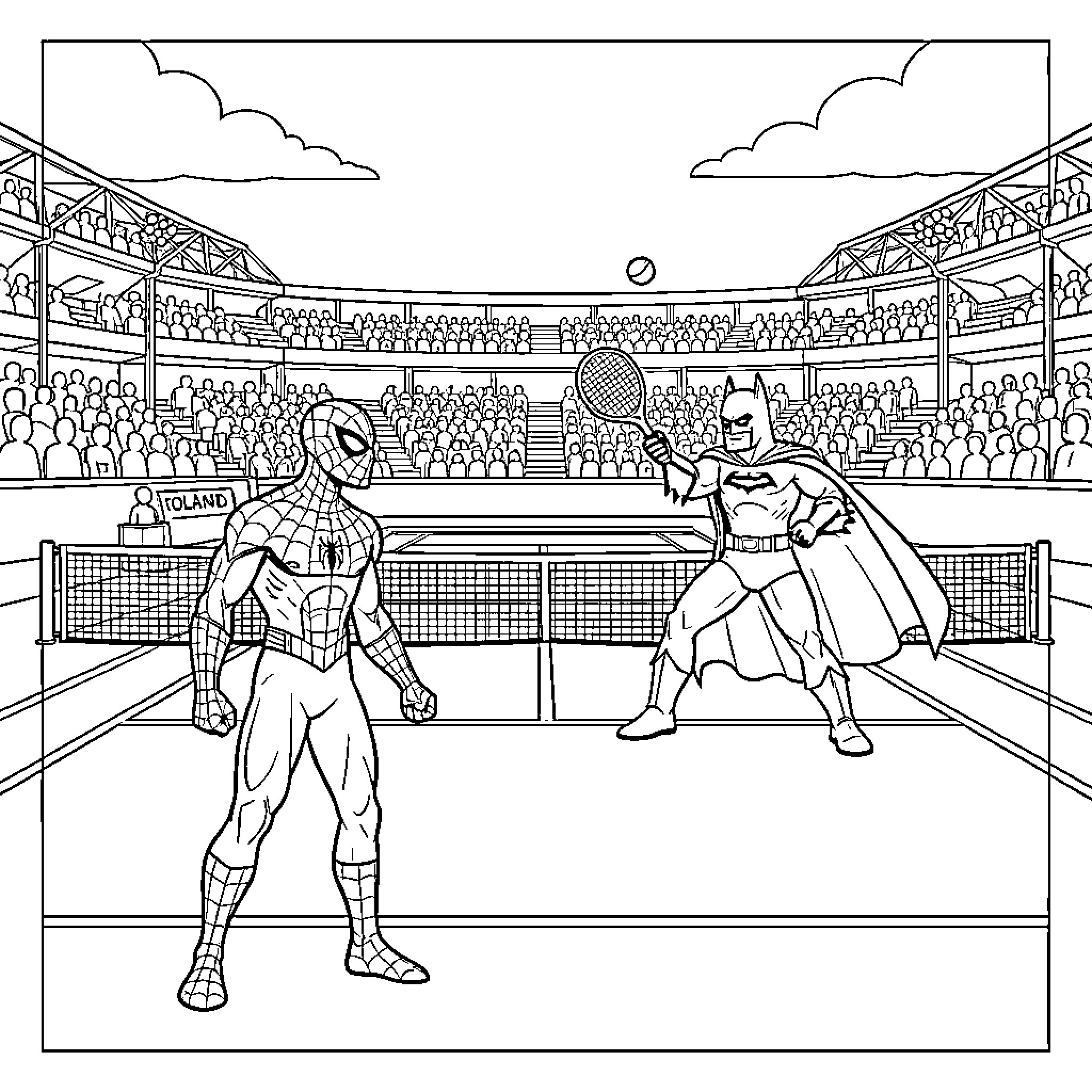 Spiderman playing a tennis match against Batman Coloring Page (free black-and-white line drawing printable PDF for all, from beginners to advanced learners, including children, teens, adults, and seniors)