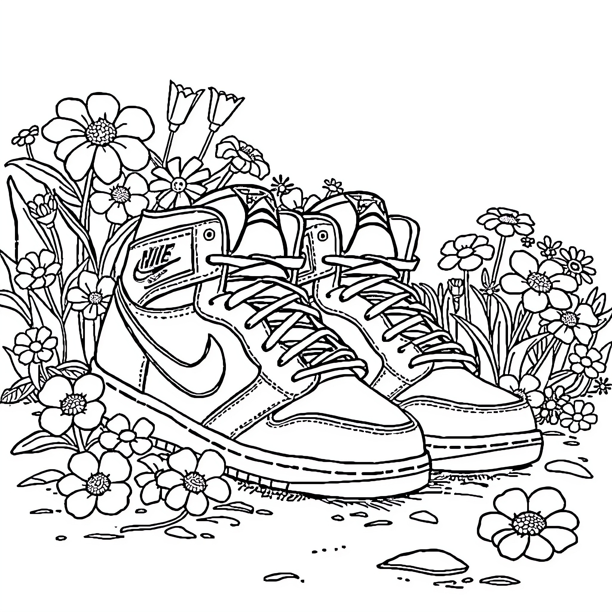 Jordan's Floral Sneaker Adventure Coloring Page (free black-and-white line drawing printable PDF for all, from beginners to advanced learners, including children, teens, adults, and seniors)