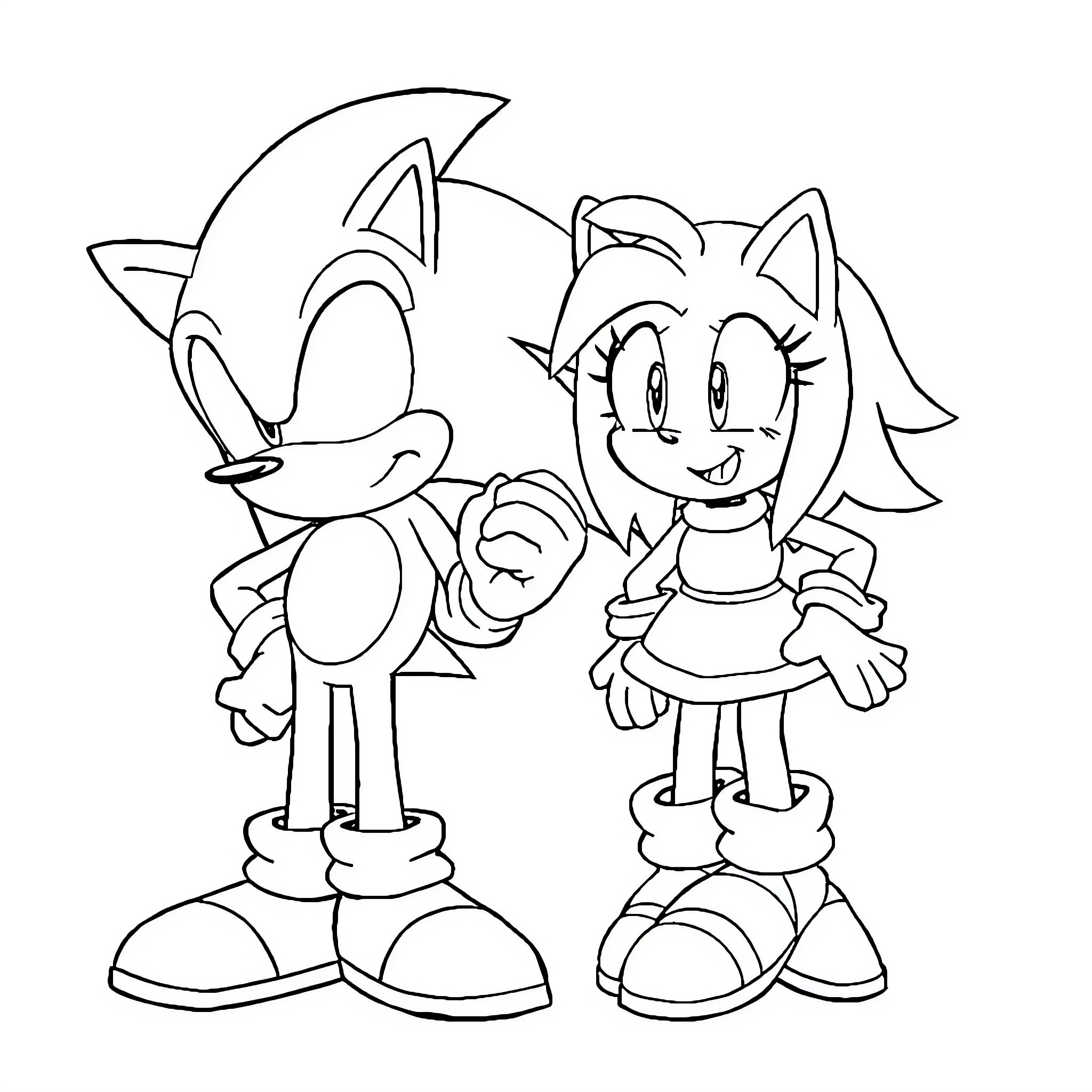 Sonic and Amy in Playful Poses Coloring Page (free black-and-white line drawing printable PDF for all, from beginners to advanced learners, including children, teens, adults, and seniors)