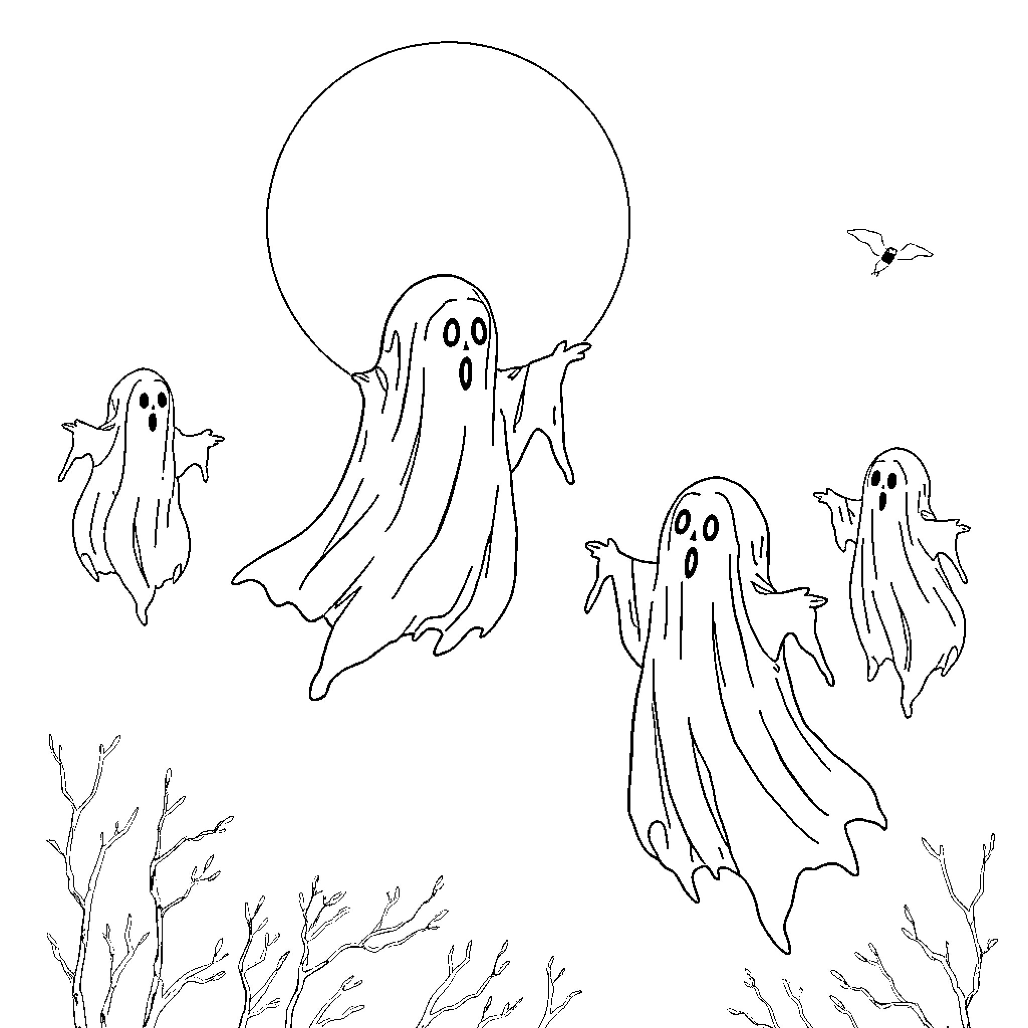 Ghost figures in haunting scene Coloring Page (free black-and-white line drawing printable PDF for all, from beginners to advanced learners, including children, teens, adults, and seniors)