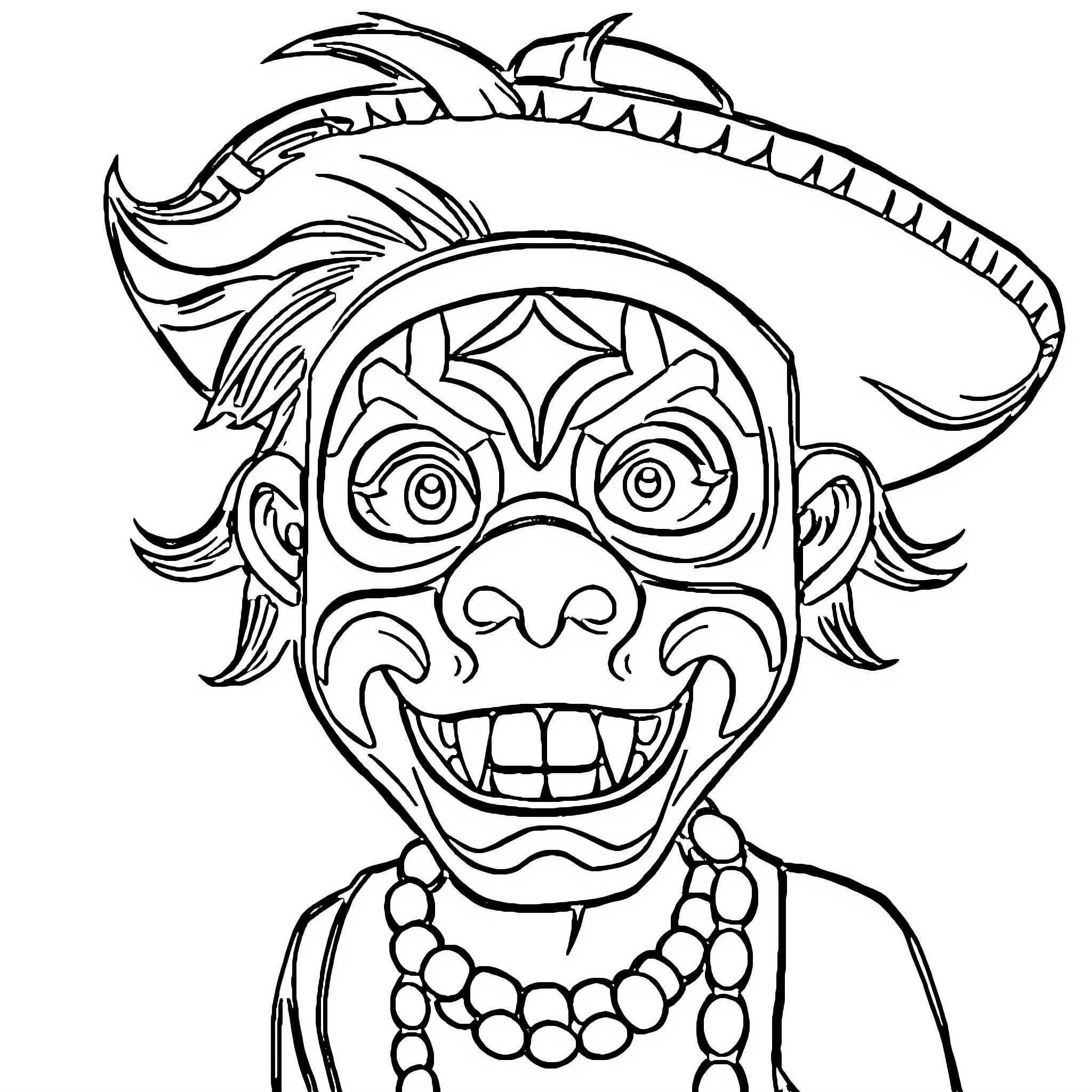 Noodle Masked Tribal Character with Headdress Coloring Page (free black-and-white line drawing printable PDF for all, from beginners to advanced learners, including children, teens, adults, and seniors)