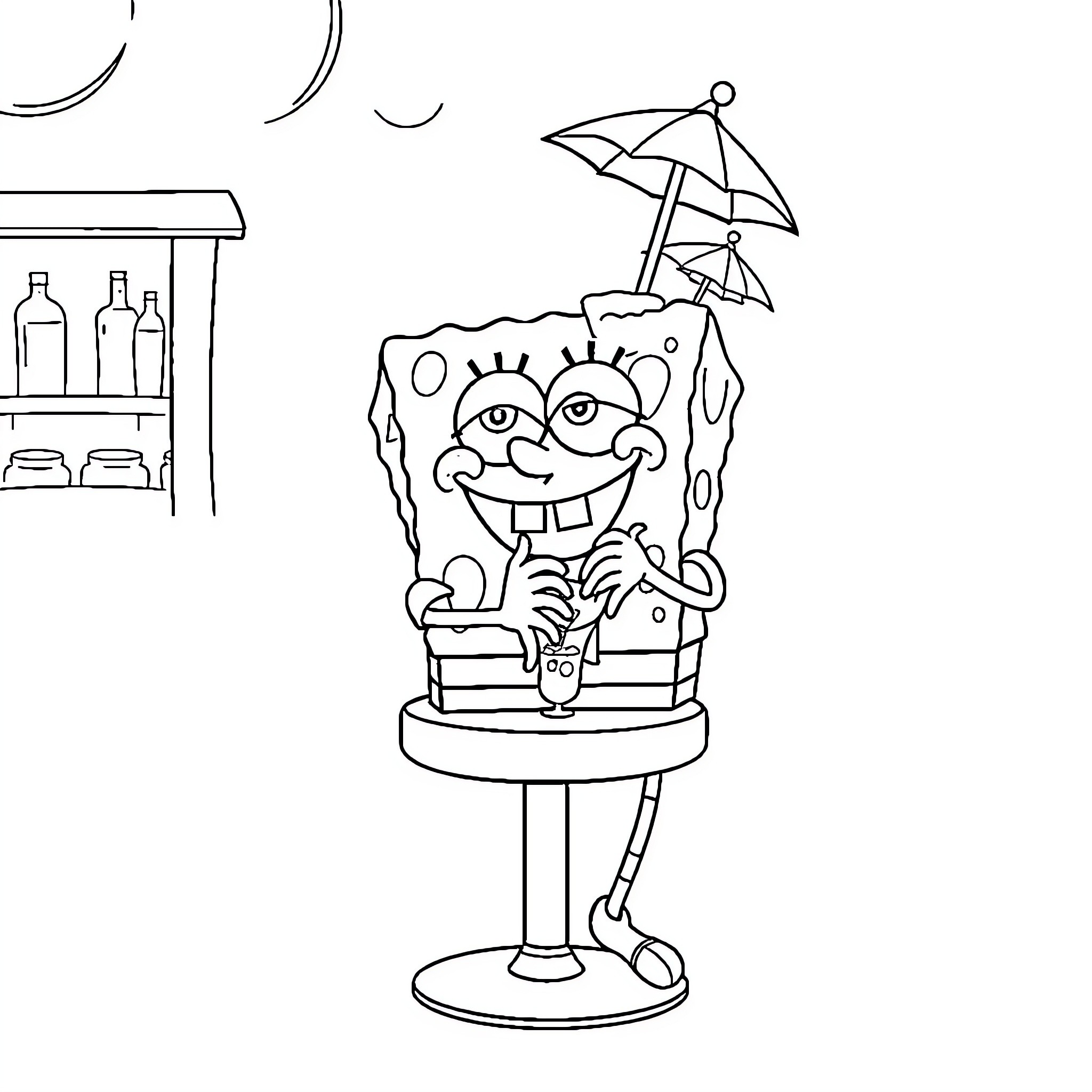 Spongebob relaxing in beach chair with umbrella Coloring Page (free black-and-white line drawing printable PDF for all, from beginners to advanced learners, including children, teens, adults, and seniors)