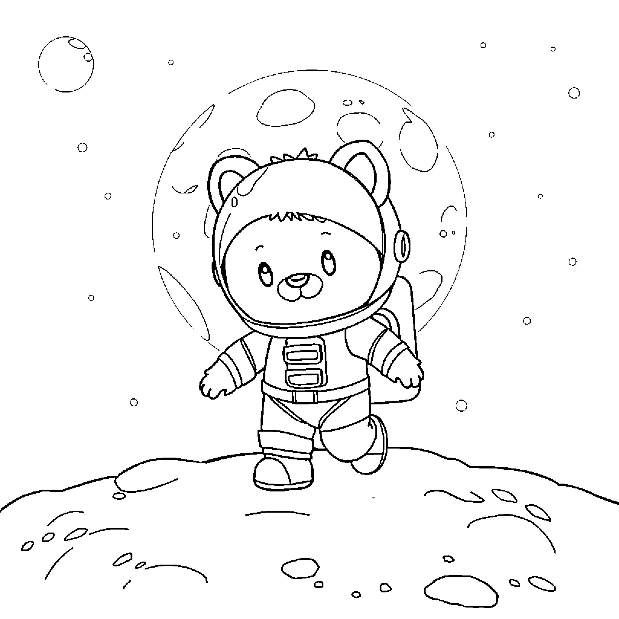 Teemo the Astronaut in Outer Space Coloring Page (free black-and-white line drawing printable PDF for all, from beginners to advanced learners, including children, teens, adults, and seniors)