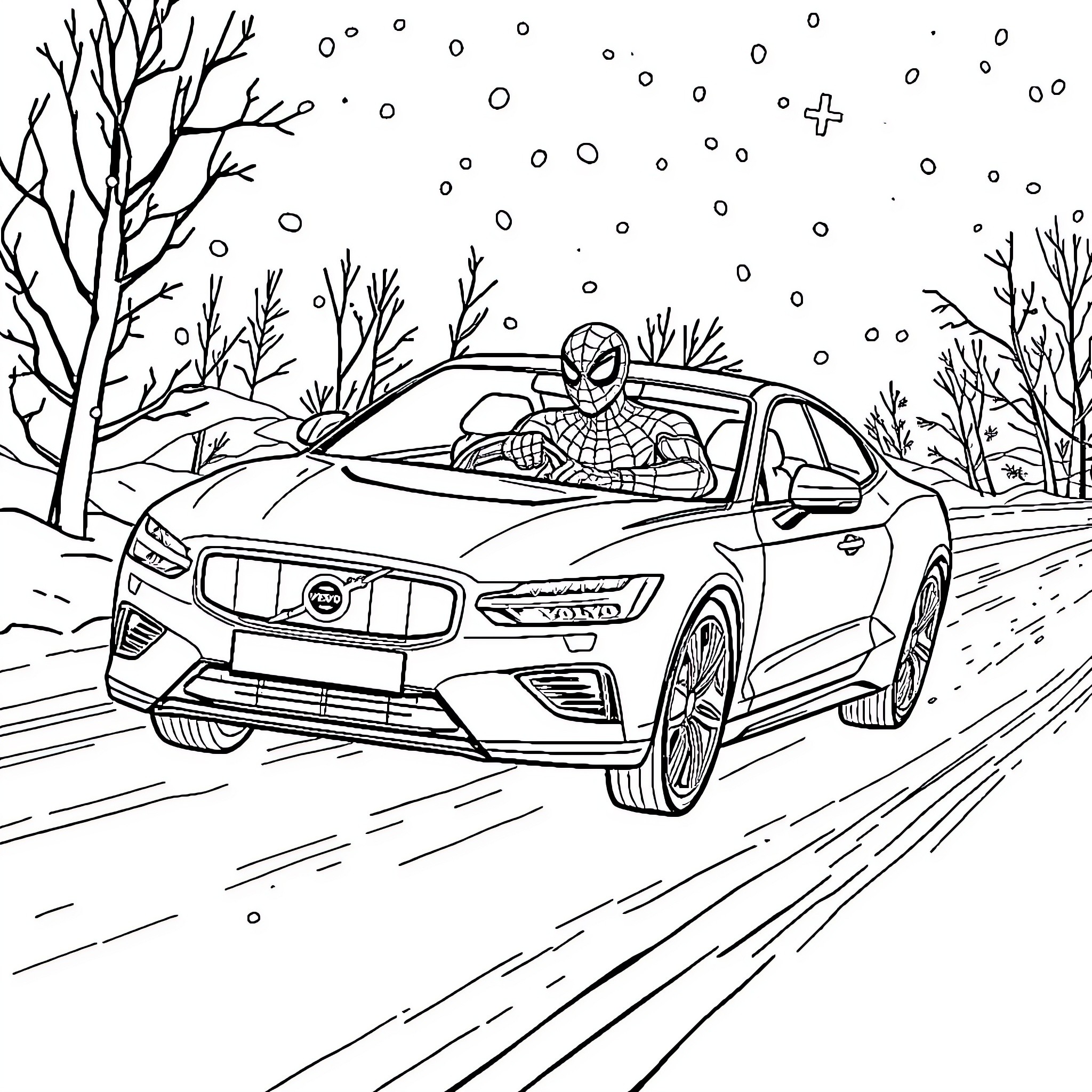 Spiderman in a car on a snowy road Coloring Page (free black-and-white line drawing printable PDF for all, from beginners to advanced learners, including children, teens, adults, and seniors)