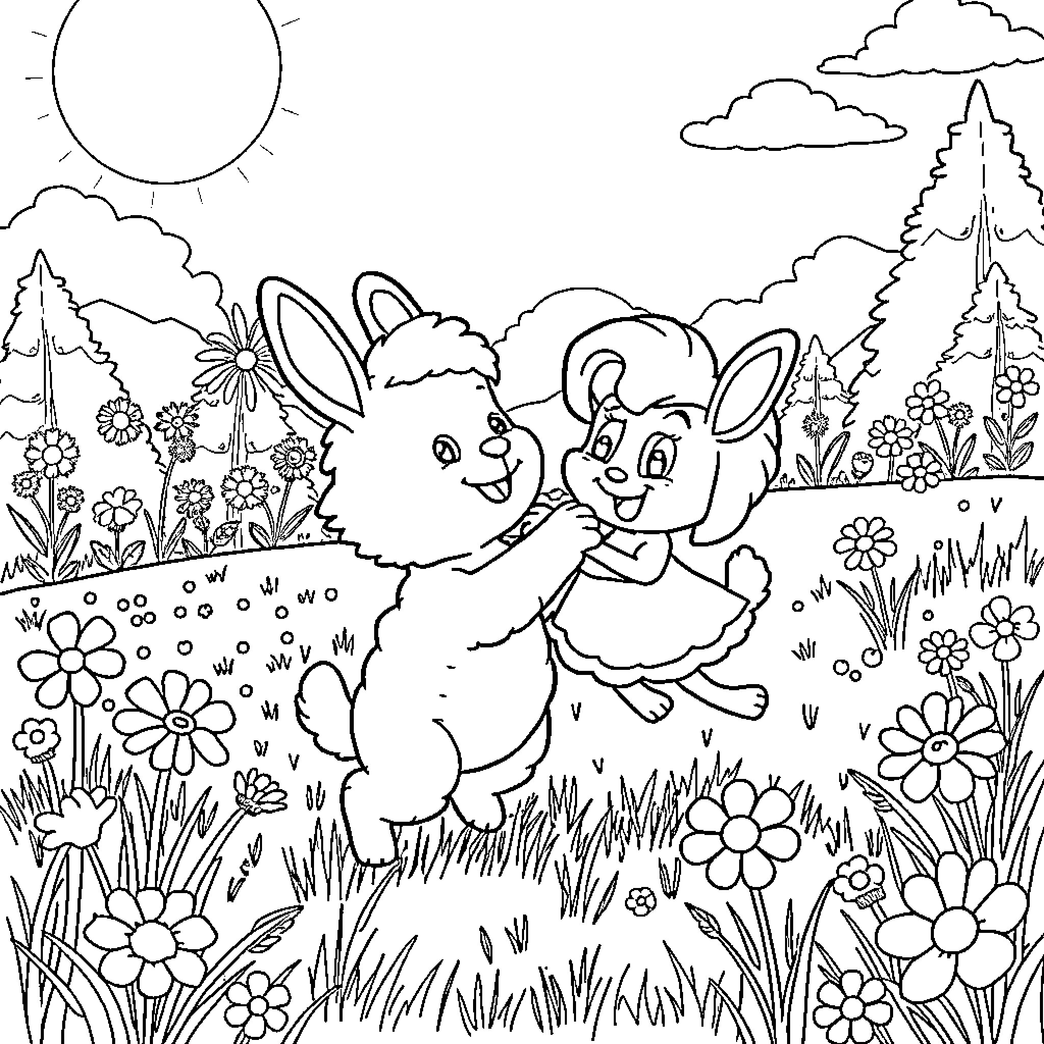 Bamse and friend playing in the flowery meadow Coloring Page (free black-and-white line drawing printable PDF for all, from beginners to advanced learners, including children, teens, adults, and seniors)