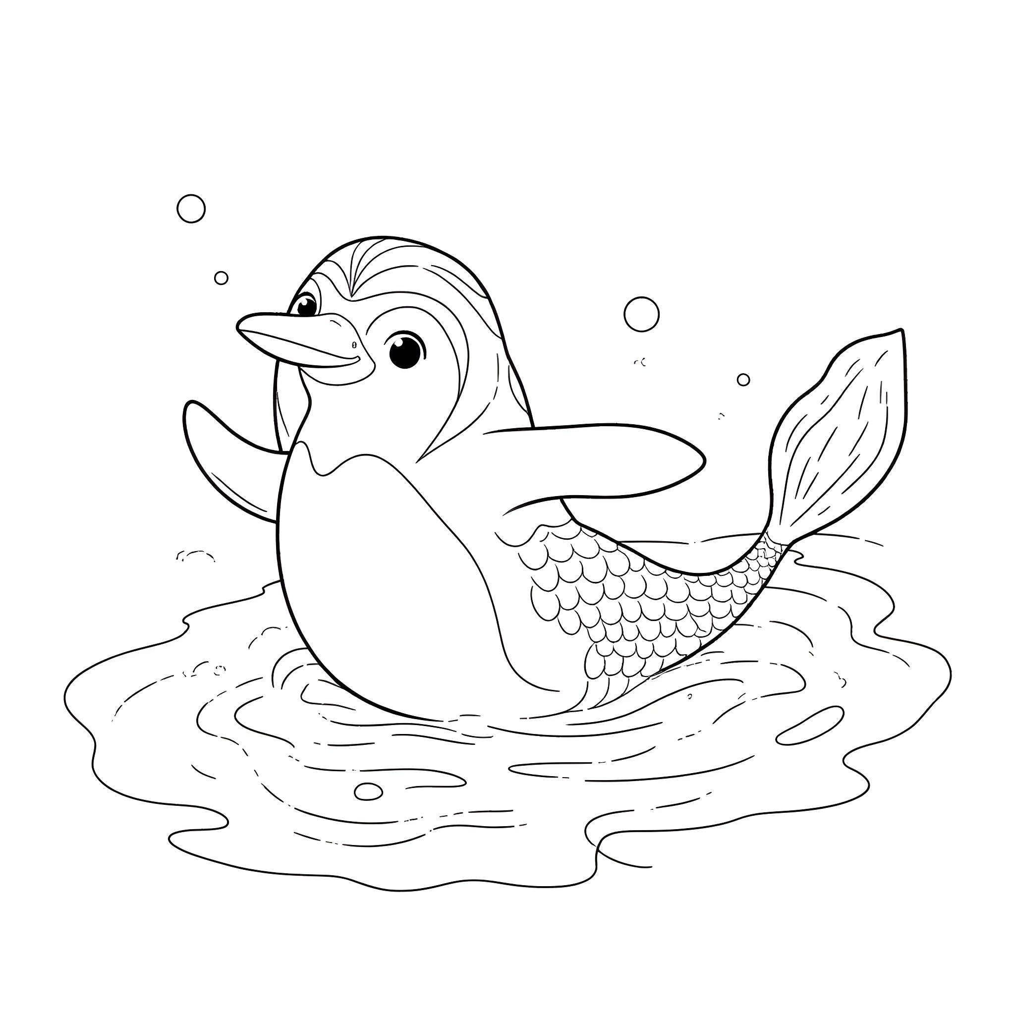 Penguin swimming happily in the water Coloring Page (free black-and-white line drawing printable PDF for all, from beginners to advanced learners, including children, teens, adults, and seniors)