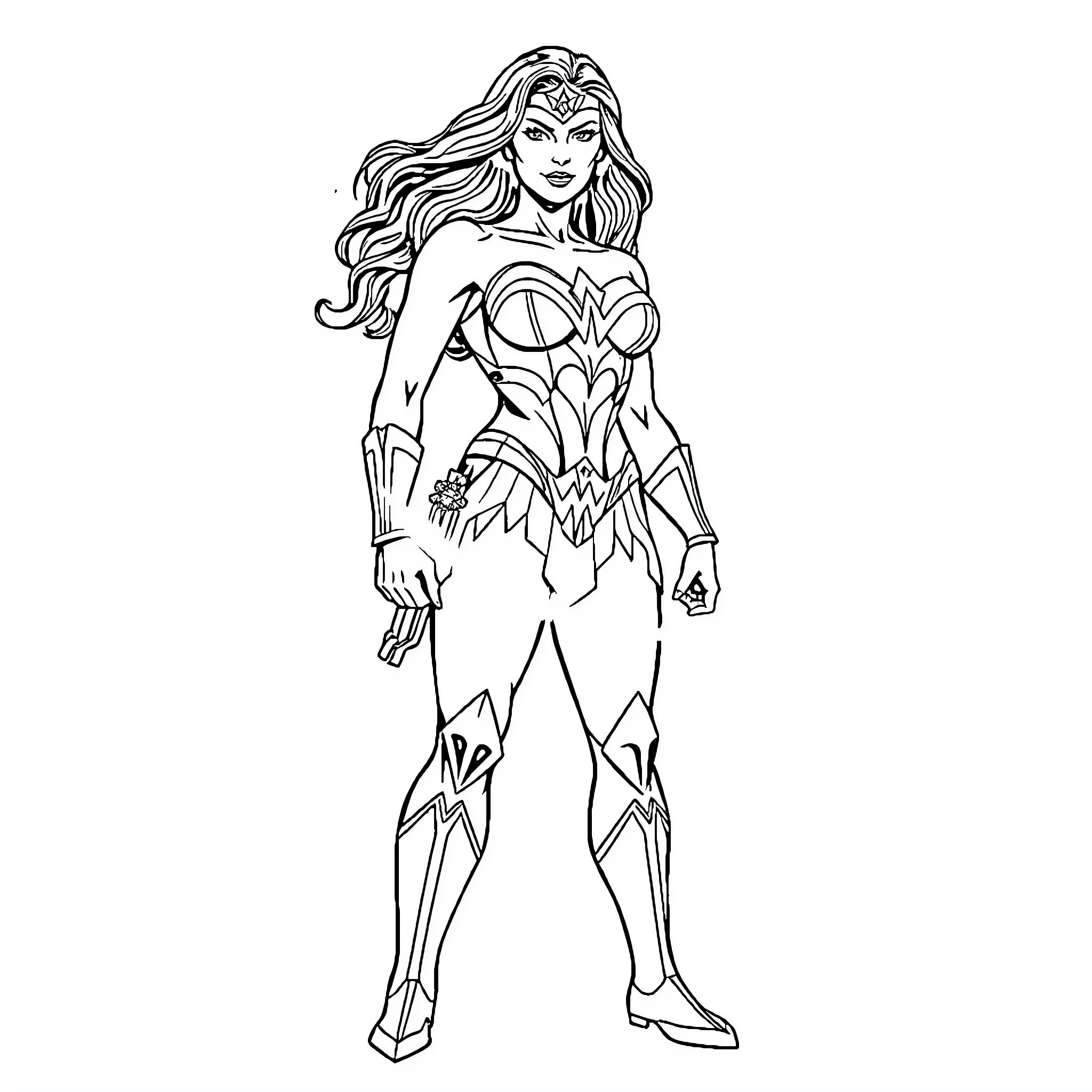 Wonder Woman in heroic stance with detailed outfit Coloring Page (free black-and-white line drawing printable PDF for all, from beginners to advanced learners, including children, teens, adults, and seniors)