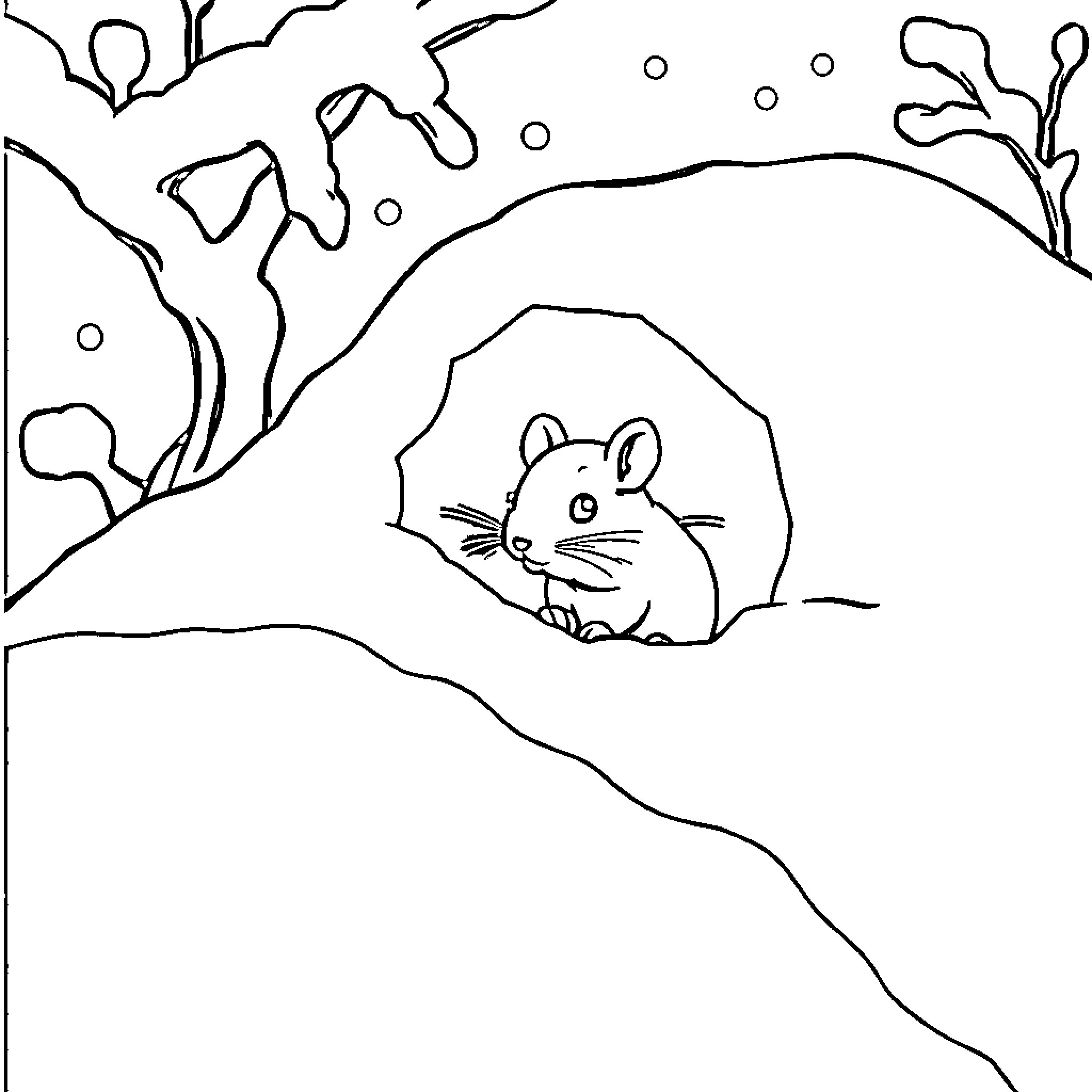 Mouse hiding in snowy landscape Coloring Page (free black-and-white line drawing printable PDF for all, from beginners to advanced learners, including children, teens, adults, and seniors)