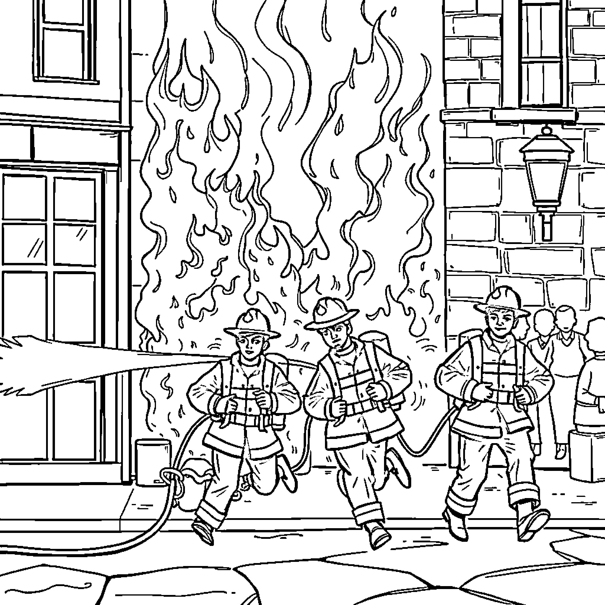 Firefighters Battling Intense Flames at the Scene Coloring Page (free black-and-white line drawing printable PDF for all, from beginners to advanced learners, including children, teens, adults, and seniors)