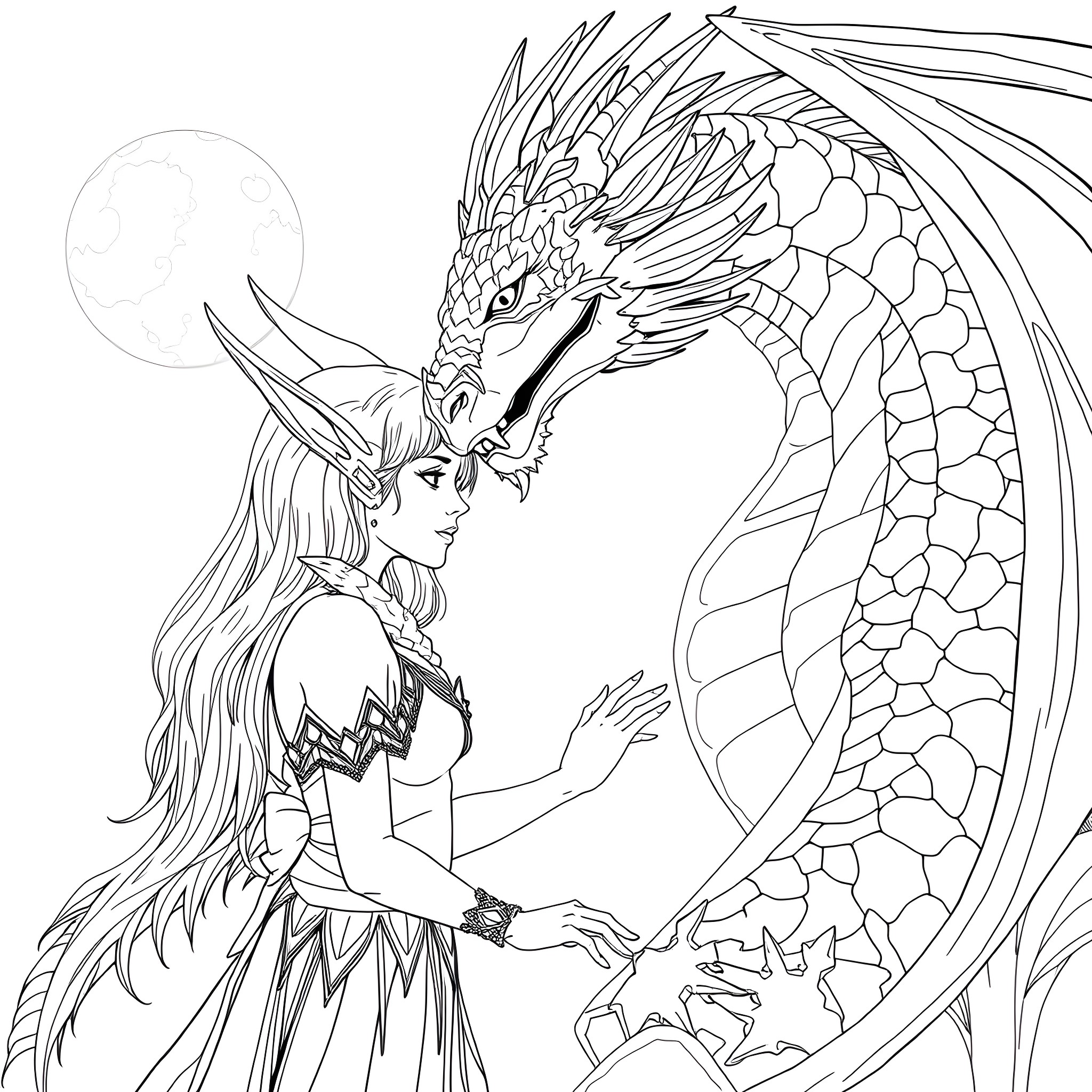 Elf maiden enchanting a majestic dragon Coloring Page (free black-and-white line drawing printable PDF for all, from beginners to advanced learners, including children, teens, adults, and seniors)