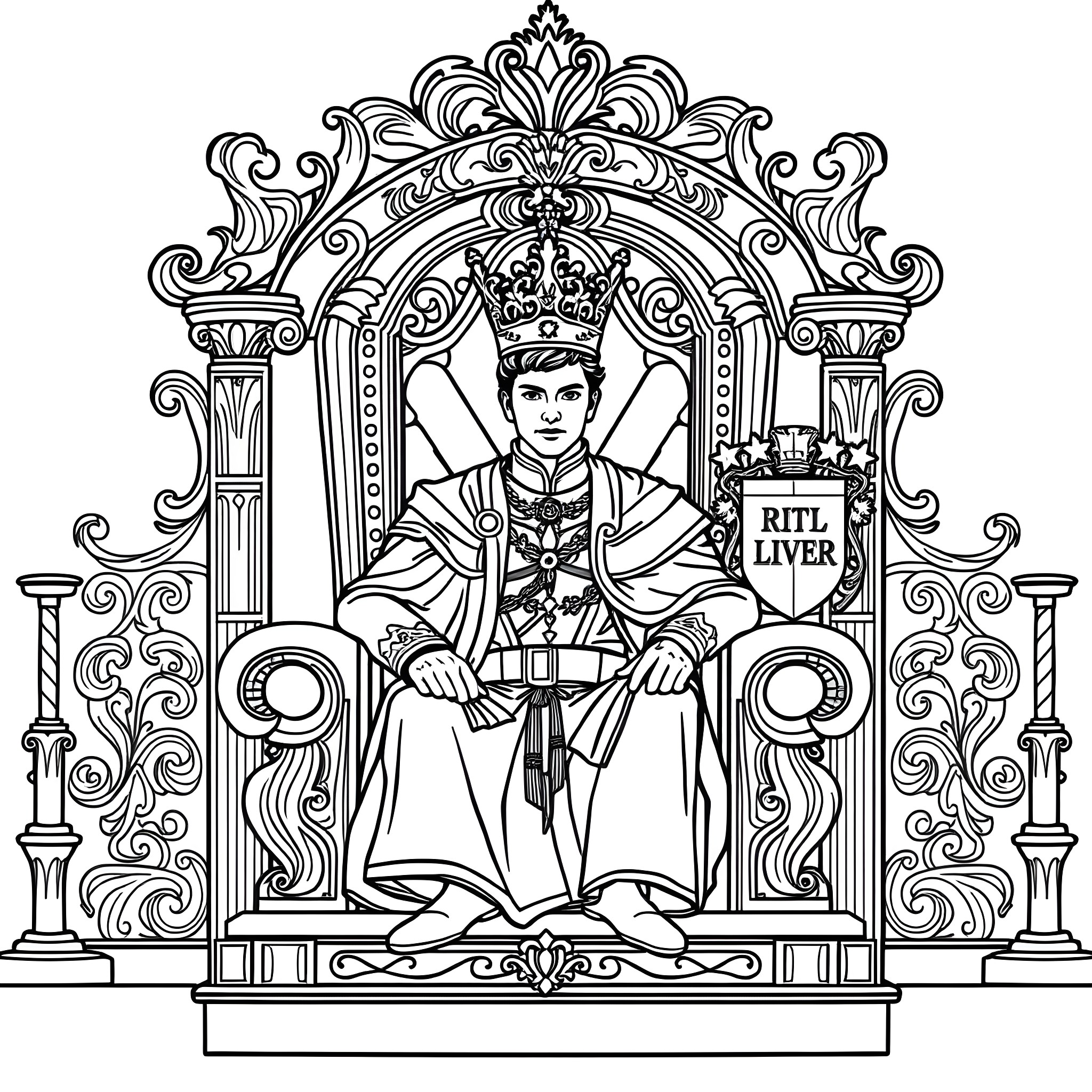 Prince Seated Regally on Ornate Throne Coloring Page (free black-and-white line drawing printable PDF for all, from beginners to advanced learners, including children, teens, adults, and seniors)