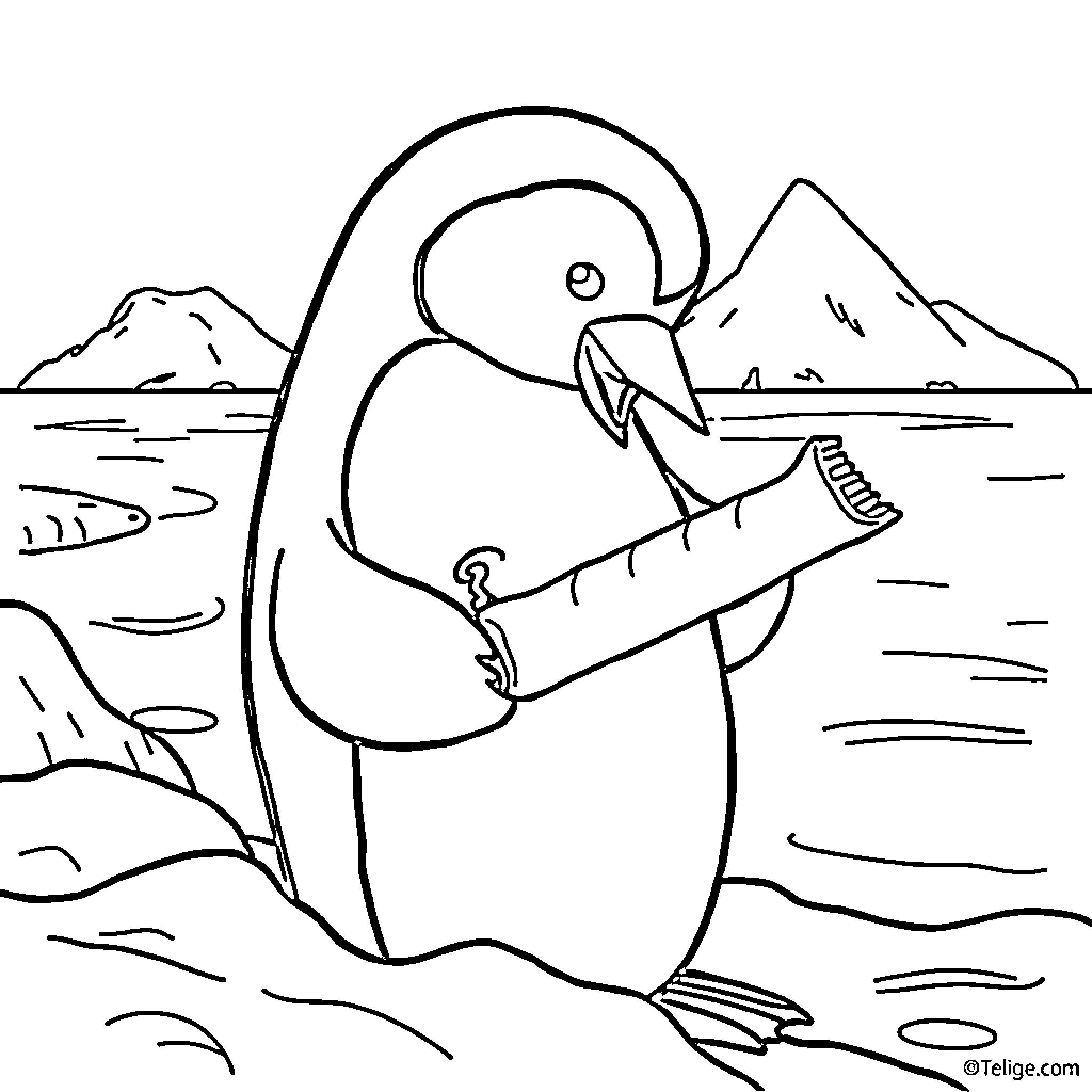 Penguin standing in the snowy landscape Coloring Page (free black-and-white line drawing printable PDF for all, from beginners to advanced learners, including children, teens, adults, and seniors)