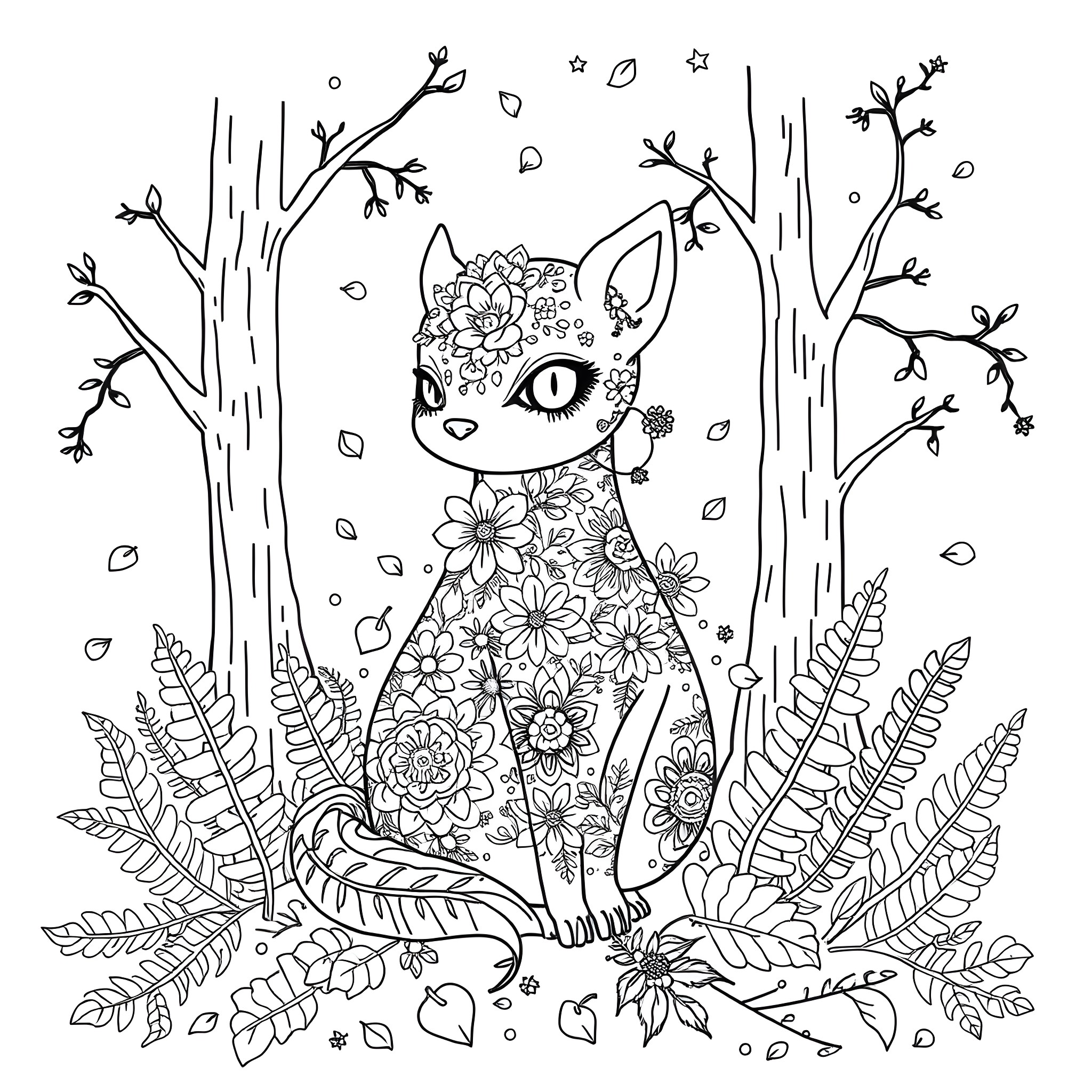 Floral Creature Surrounded by Whimsical Foliage Coloring Page (free black-and-white line drawing printable PDF for all, from beginners to advanced learners, including children, teens, adults, and seniors)