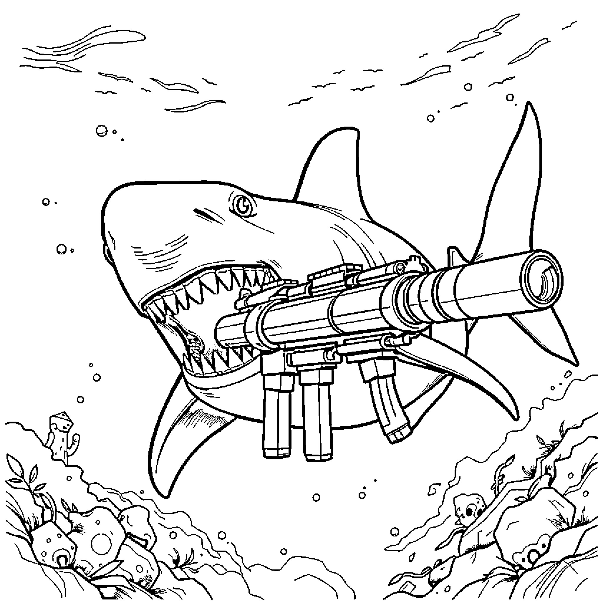Shark with a powerful weapon in the ocean Coloring Page (free black-and-white line drawing printable PDF for all, from beginners to advanced learners, including children, teens, adults, and seniors)