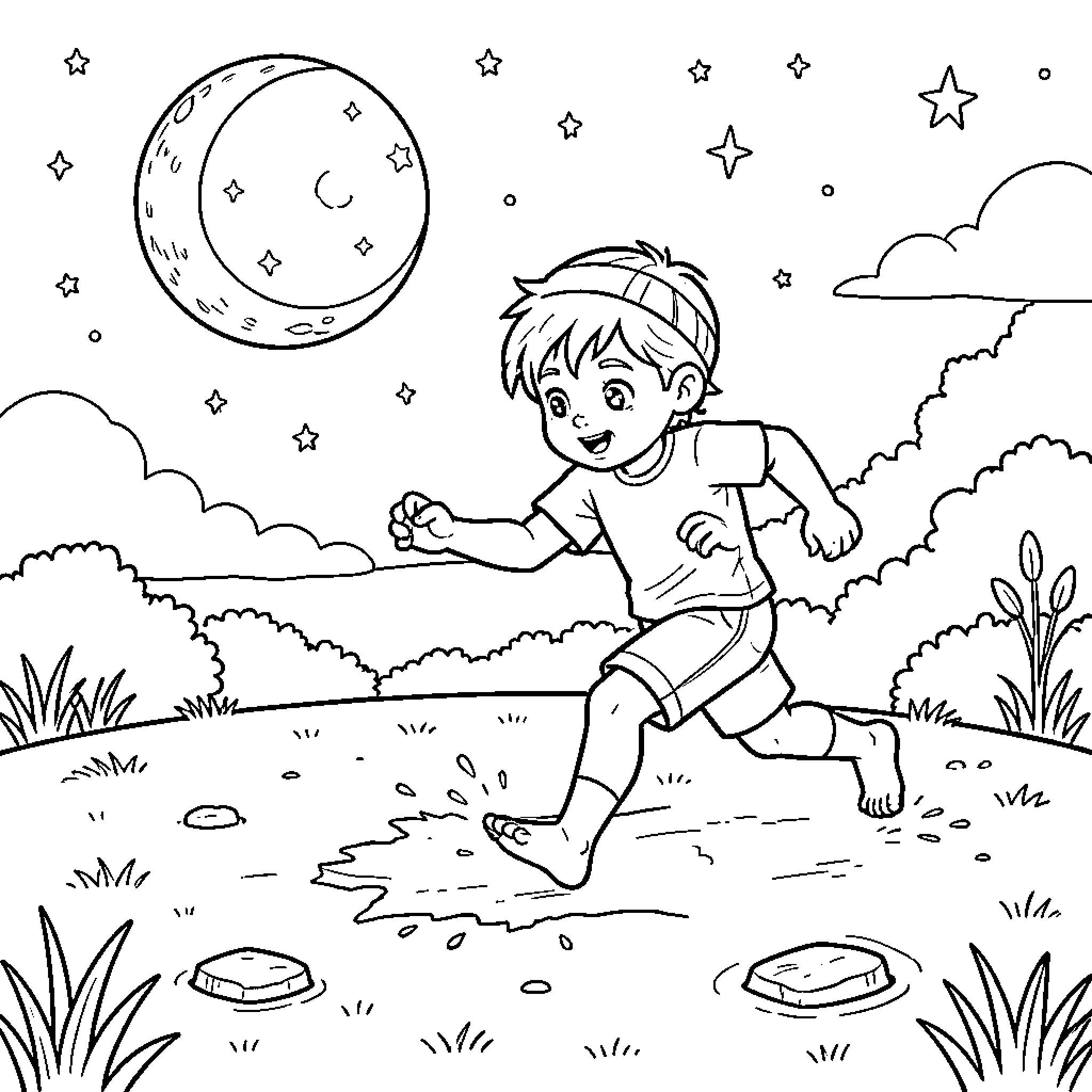 Niño jumping happily in the starry night Coloring Page (free black-and-white line drawing printable PDF for all, from beginners to advanced learners, including children, teens, adults, and seniors)