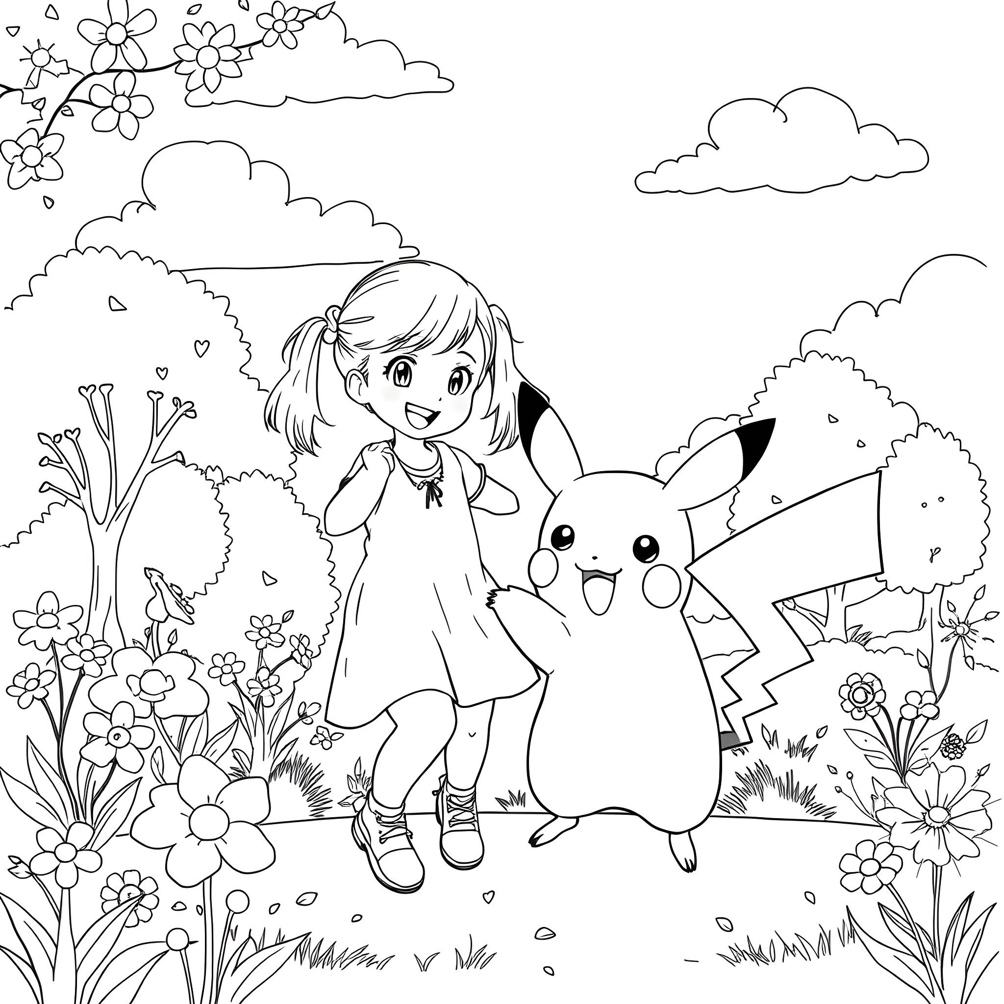 Pikachu and a girl exploring in a flowery meadow Coloring Page (free black-and-white line drawing printable PDF for all, from beginners to advanced learners, including children, teens, adults, and seniors)