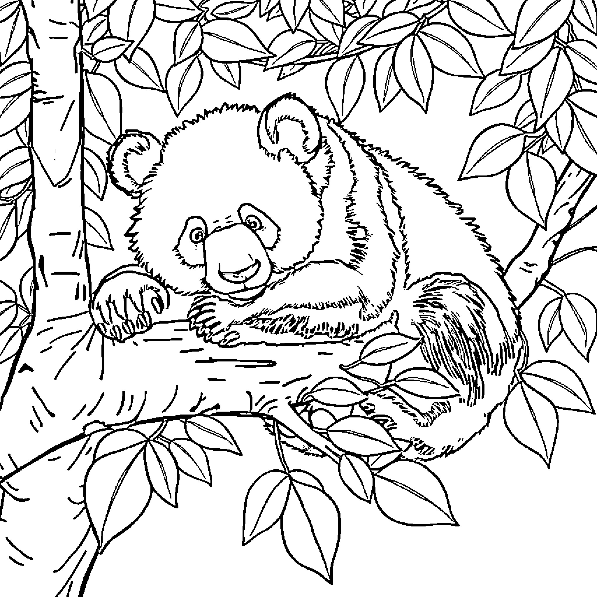 Panda resting peacefully in the forest Coloring Page (free black-and-white line drawing printable PDF for all, from beginners to advanced learners, including children, teens, adults, and seniors)