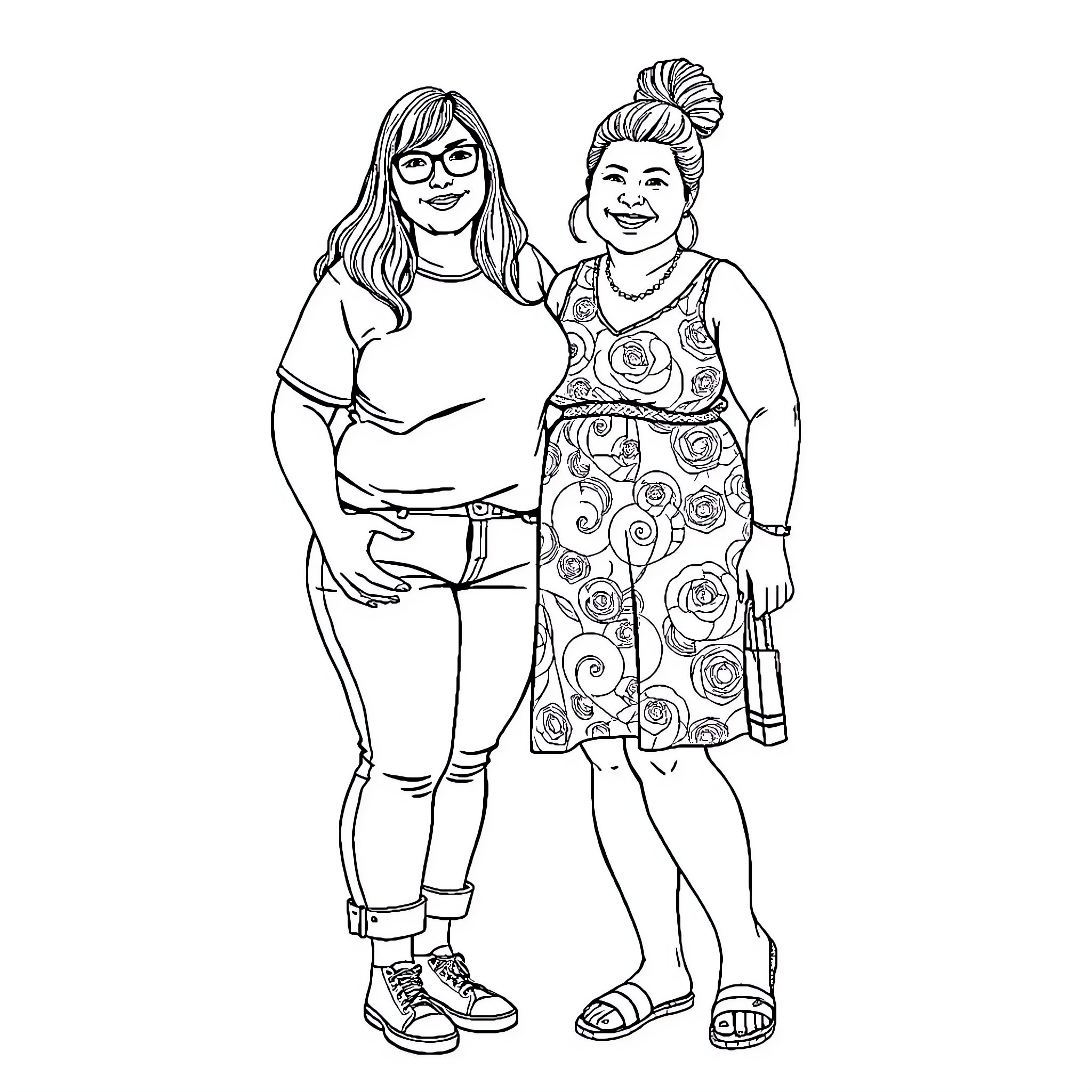 Woman with friend in casual attire and patterns Coloring Page (free black-and-white line drawing printable PDF for all, from beginners to advanced learners, including children, teens, adults, and seniors)