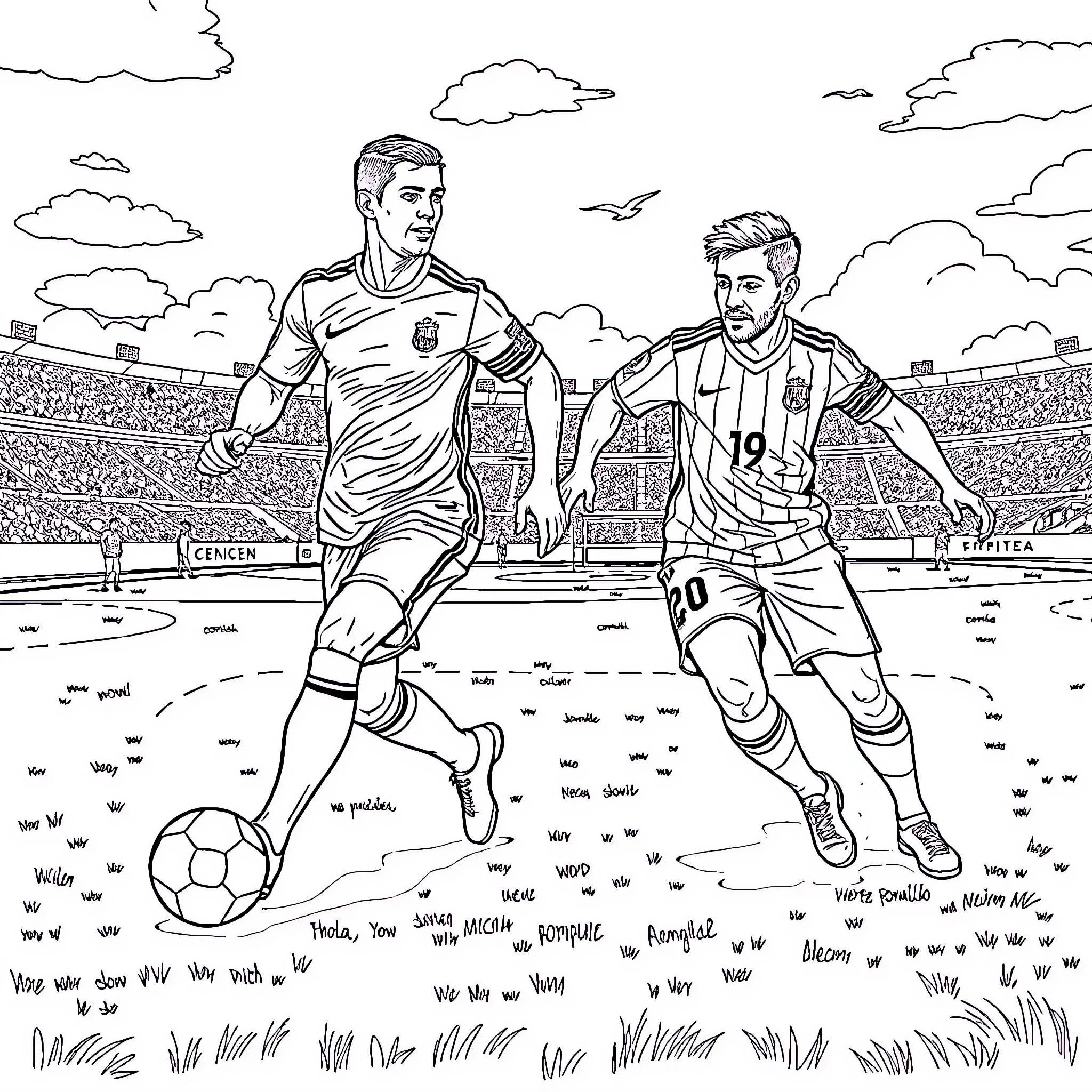 Cristiano Ronaldo and Teammate Competing on Soccer Field Coloring Page (free black-and-white line drawing printable PDF for all, from beginners to advanced learners, including children, teens, adults, and seniors)