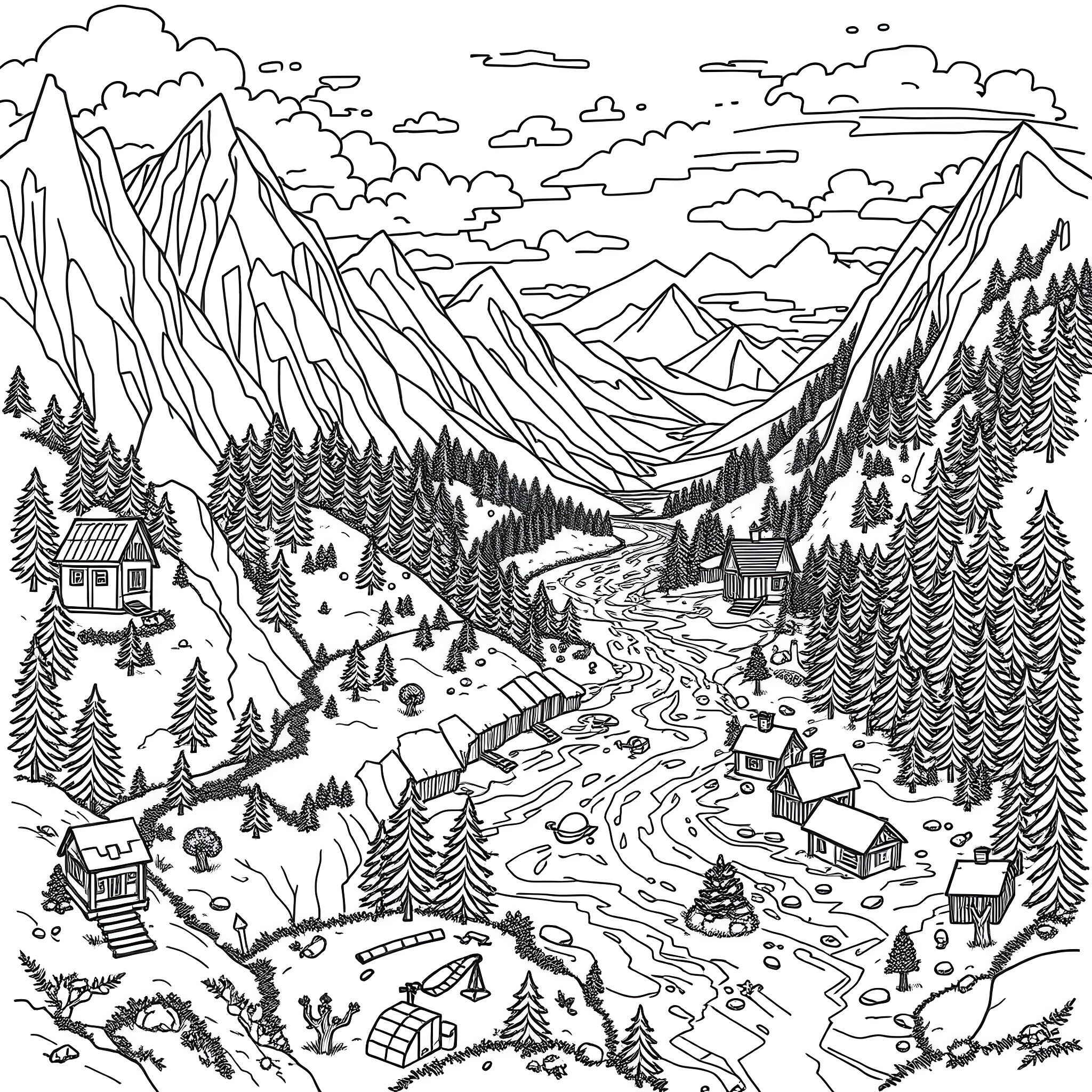 Minecraft Mountain Adventure in Snowy Forest Coloring Page (free black-and-white line drawing printable PDF for all, from beginners to advanced learners, including children, teens, adults, and seniors)