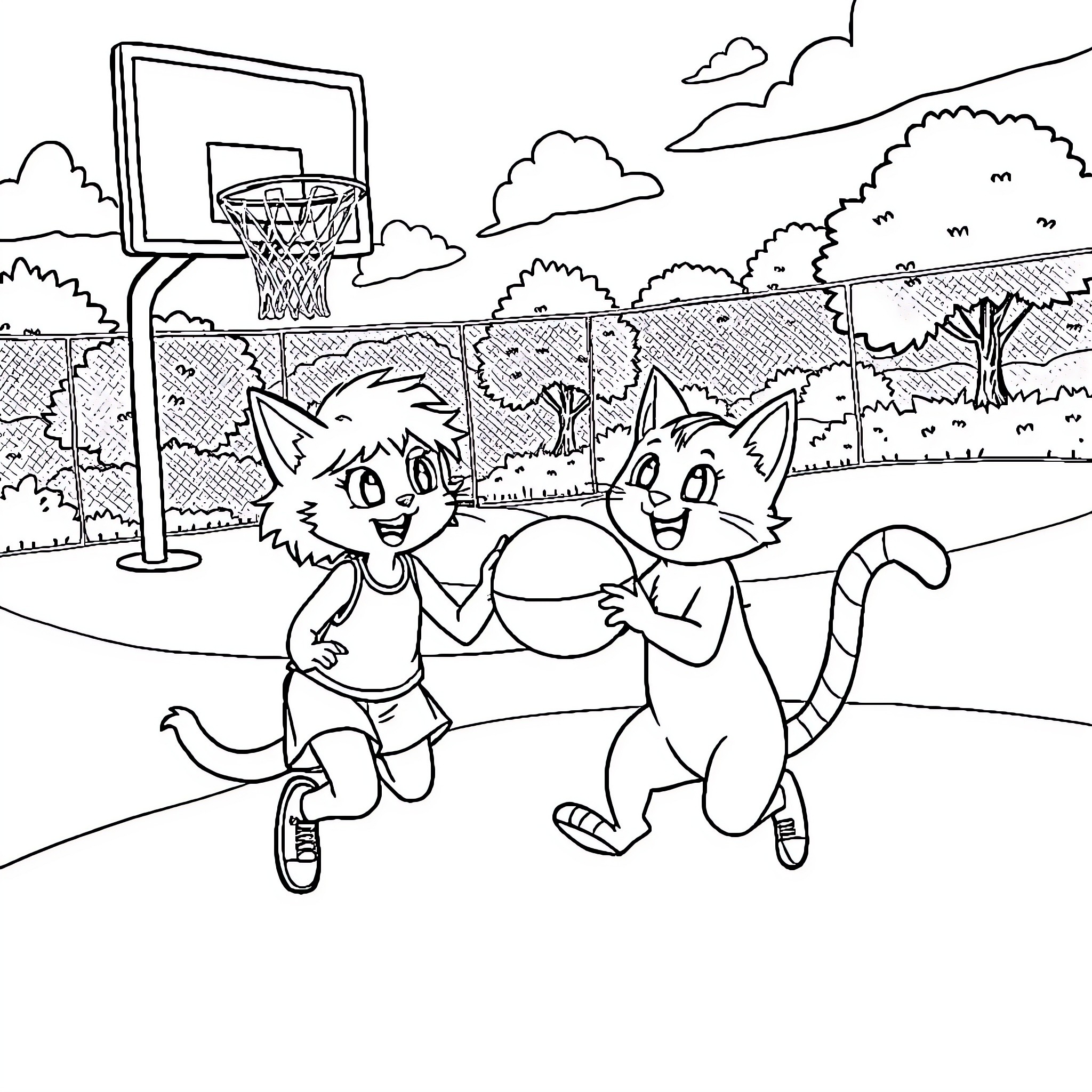 Gabby and friend playing basketball in the park Coloring Page (free black-and-white line drawing printable PDF for all, from beginners to advanced learners, including children, teens, adults, and seniors)